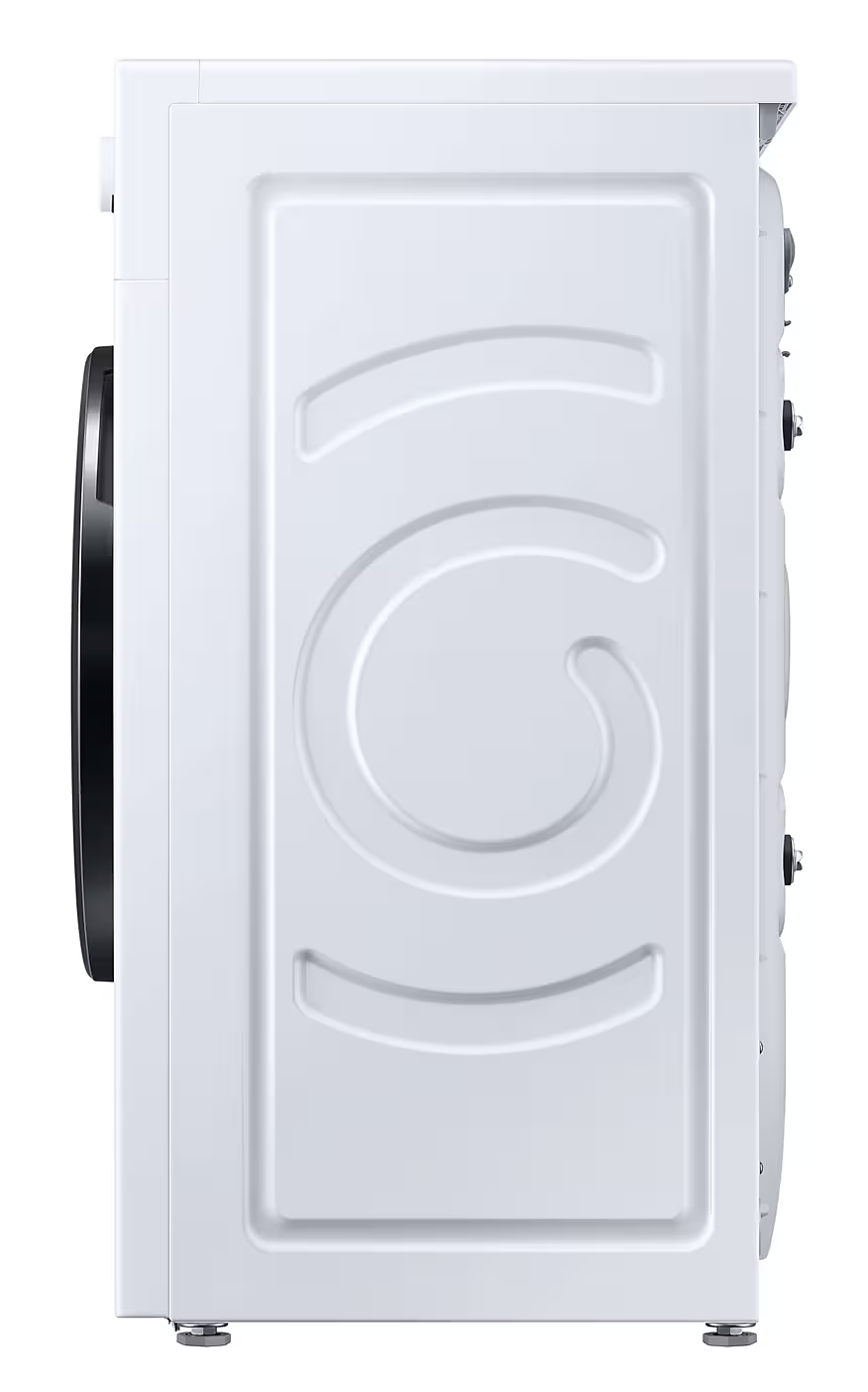 Egy fehér Samsung mosógép oldalsó nézete, a dizájnelemeket mutató oldallappal.