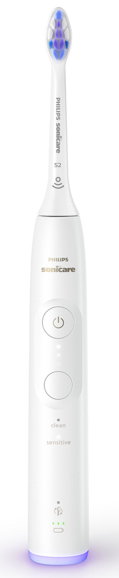 Biała szczoteczka Philips Sonicare, z główką skierowaną w górę.
