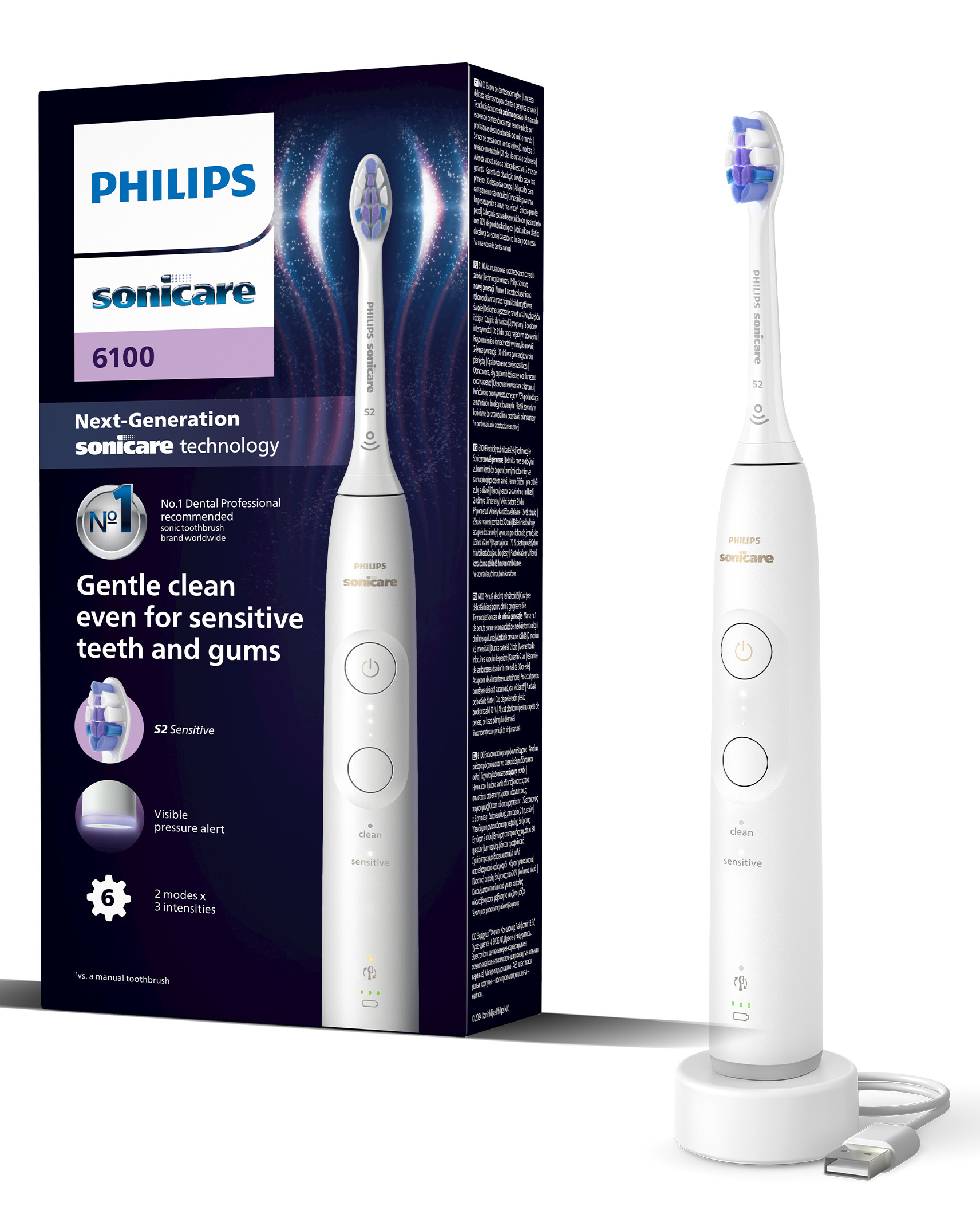 Pudełko i szczoteczka do zębów, Philips Sonicare 6100, na białym tle.