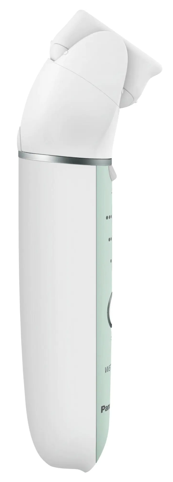 Biało-miętowa golarka elektryczna z przyciskiem włącz/wyłącz i kontrolkami.