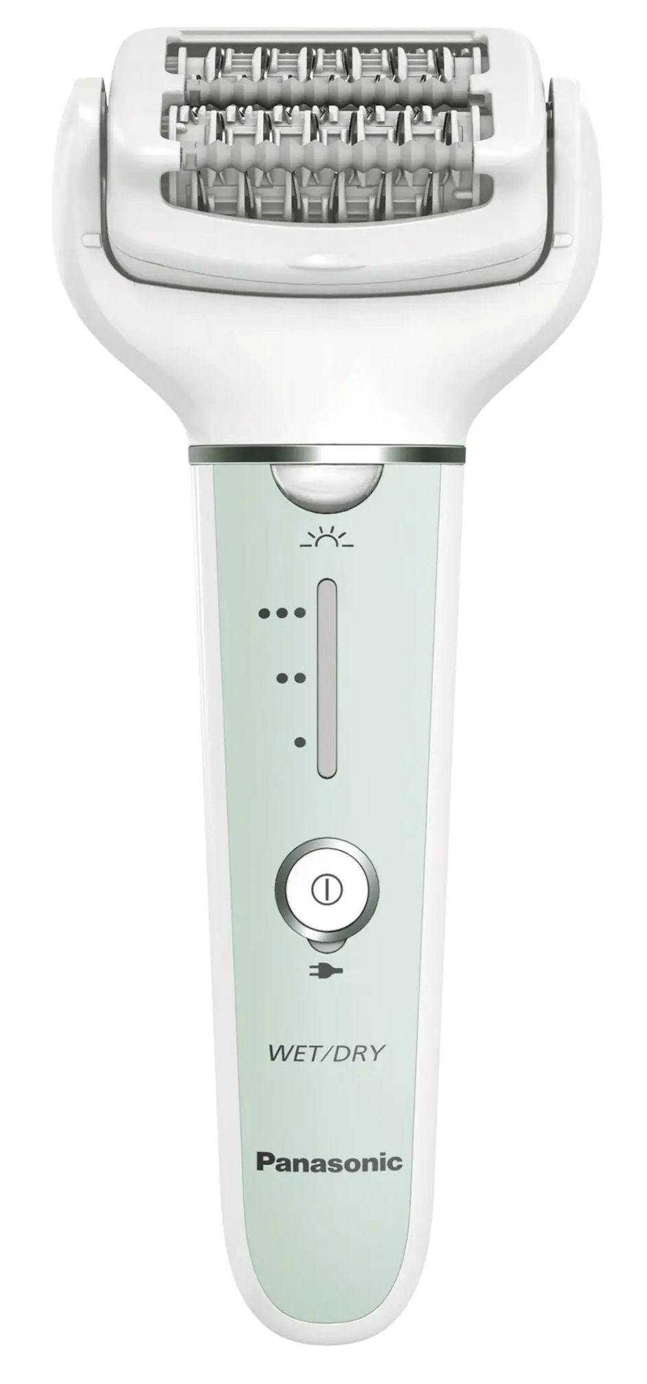 Biało-miętowa golarka elektryczna z przyciskiem włącz/wyłącz i kontrolkami.