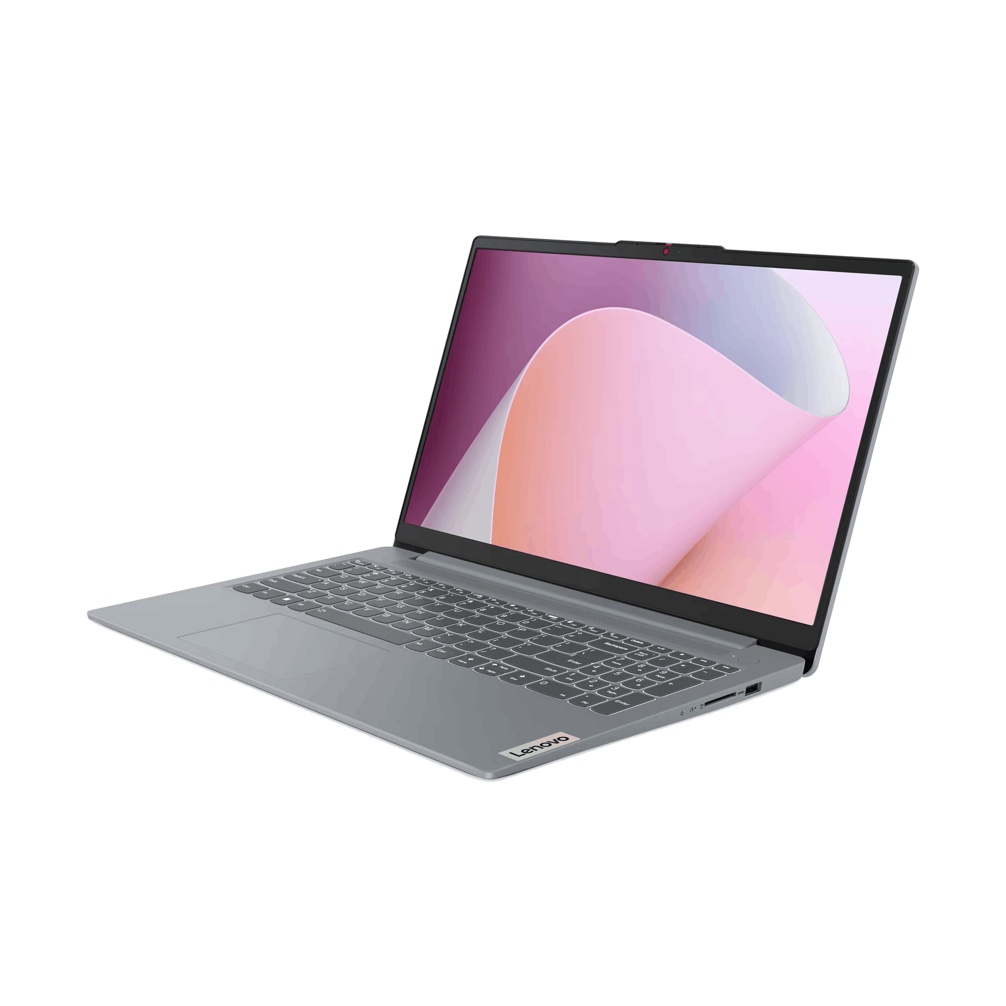 Una laptop Lenovo gris está abierta sobre un fondo negro. La pantalla muestra un diseño abstracto rosa y blanco.