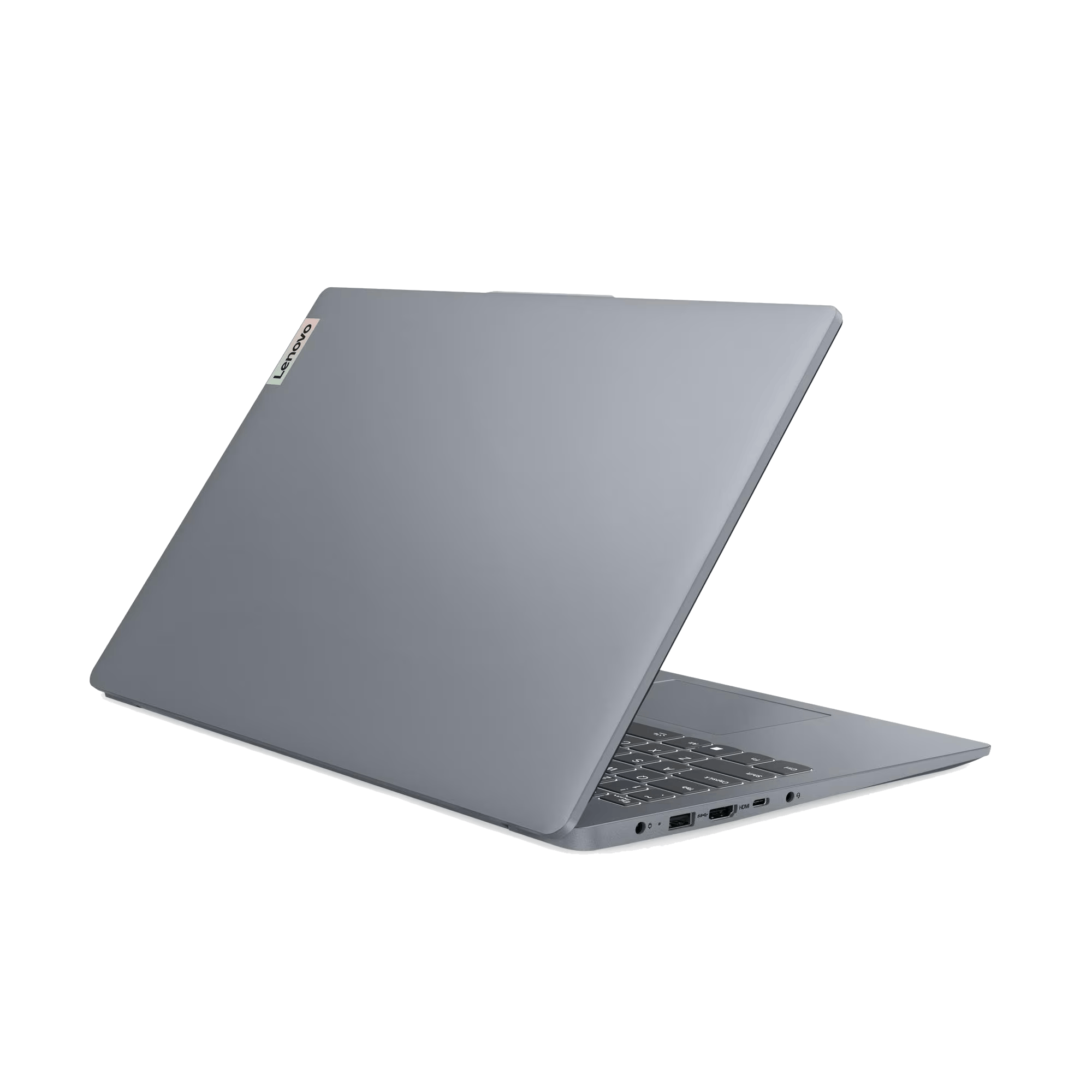 Portátil Lenovo, parcialmente abierto, sobre superficie negra. Pantalla muestra diseño rosa y morado. Teclado visible.