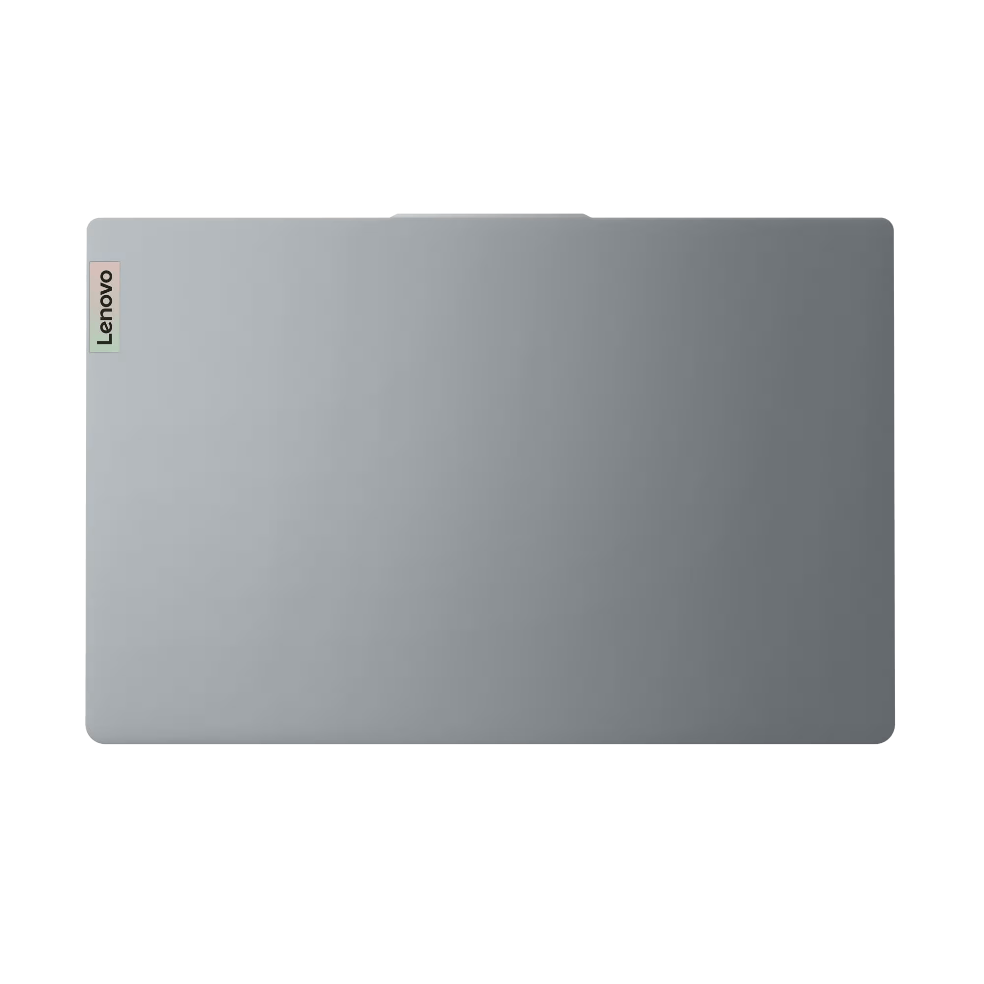 Portátil Lenovo cerrado sobre superficie negra. Vista superior muestra tapa gris con logo Lenovo. Diseño minimalista.