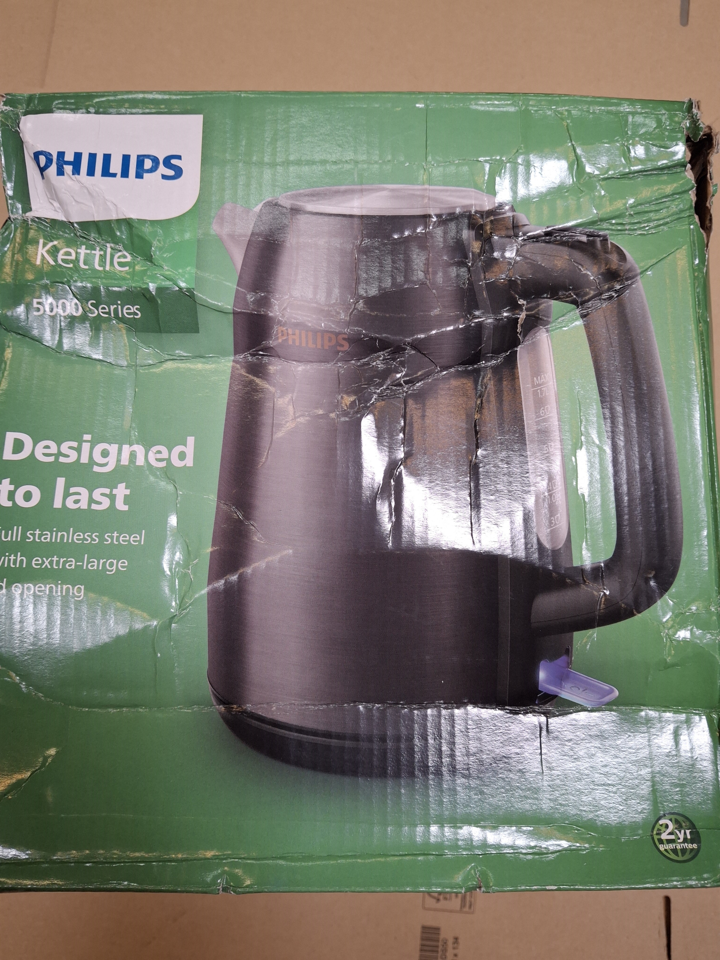 Czarny czajnik Philips na zielono-białym pudełku.