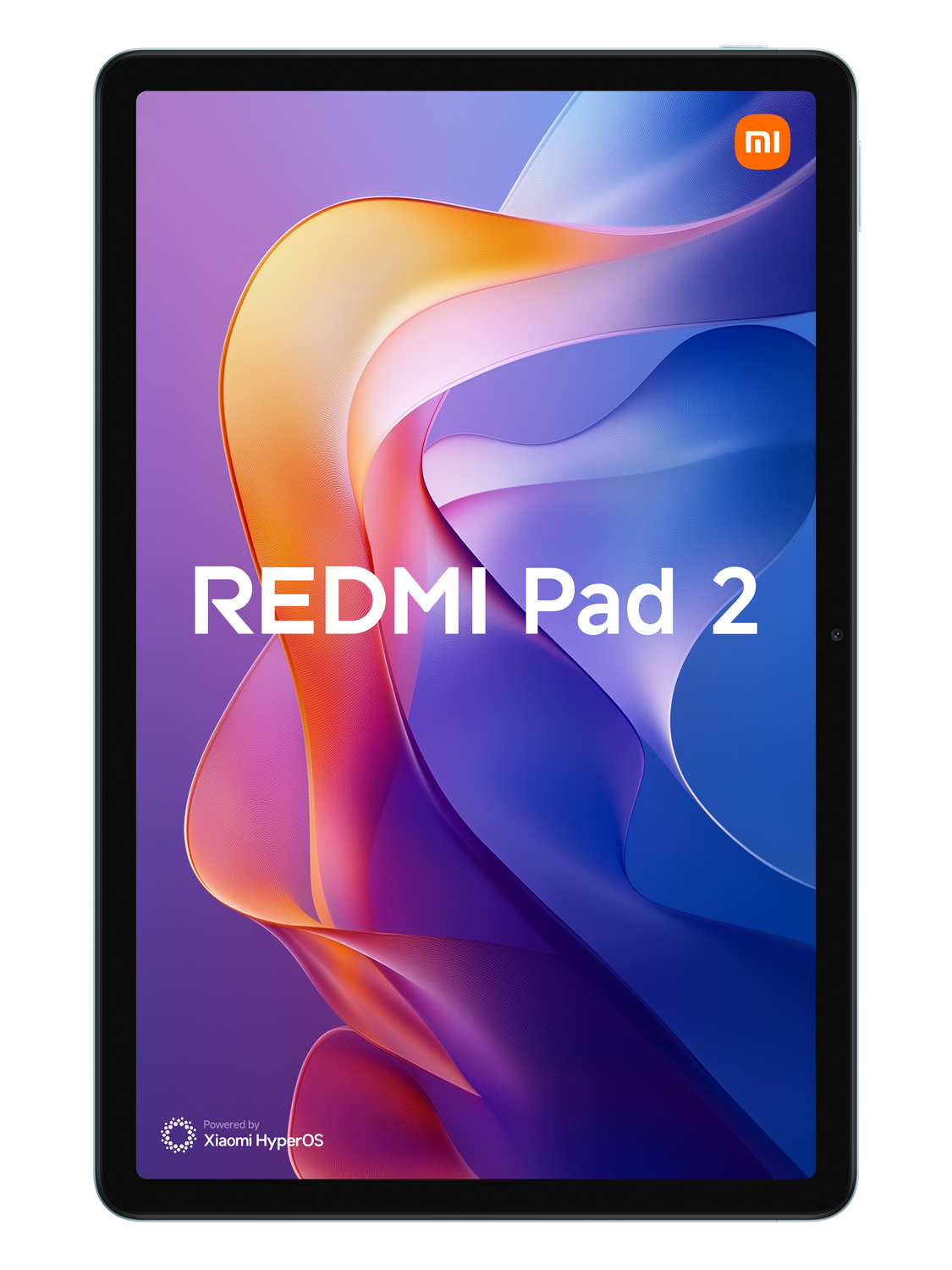 Tableta Redmi Pad 2, vista en ángulo, con pantalla morada y azul.