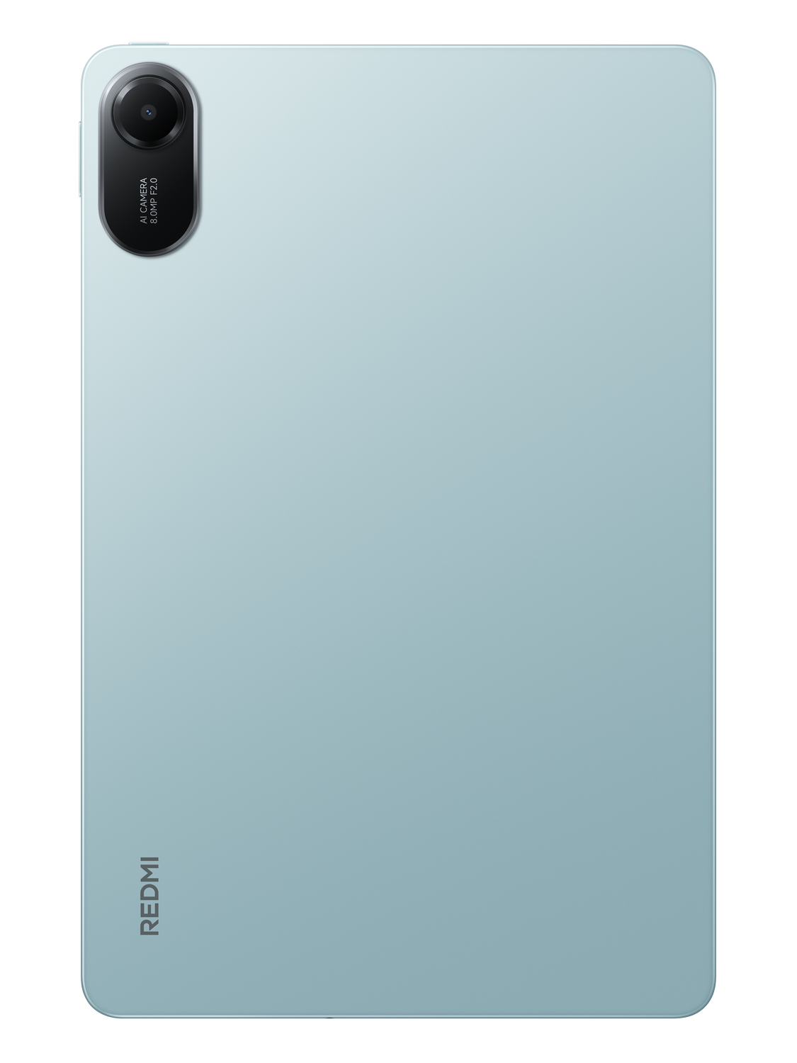 Parte trasera de tableta azul claro, cámara arriba a la izquierda, logotipo Redmi abajo. Fondo negro.