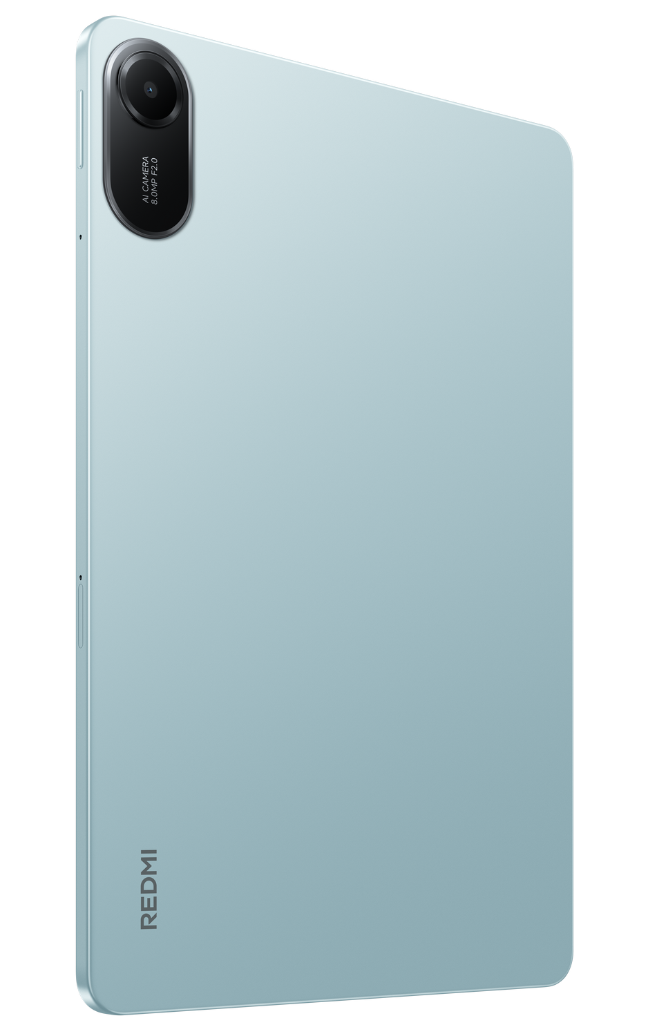 Parte trasera de la tableta, color azul claro, cámara, logotipo Redmi, fondo negro.