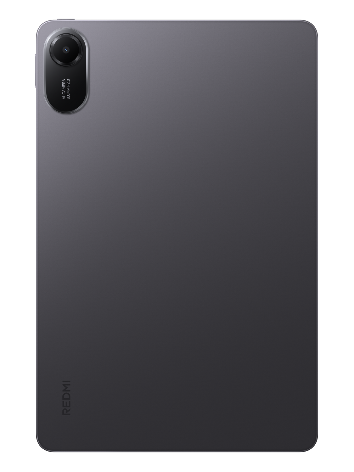 Parte trasera de la tableta, color gris oscuro, cámara, logotipo Redmi, fondo negro.