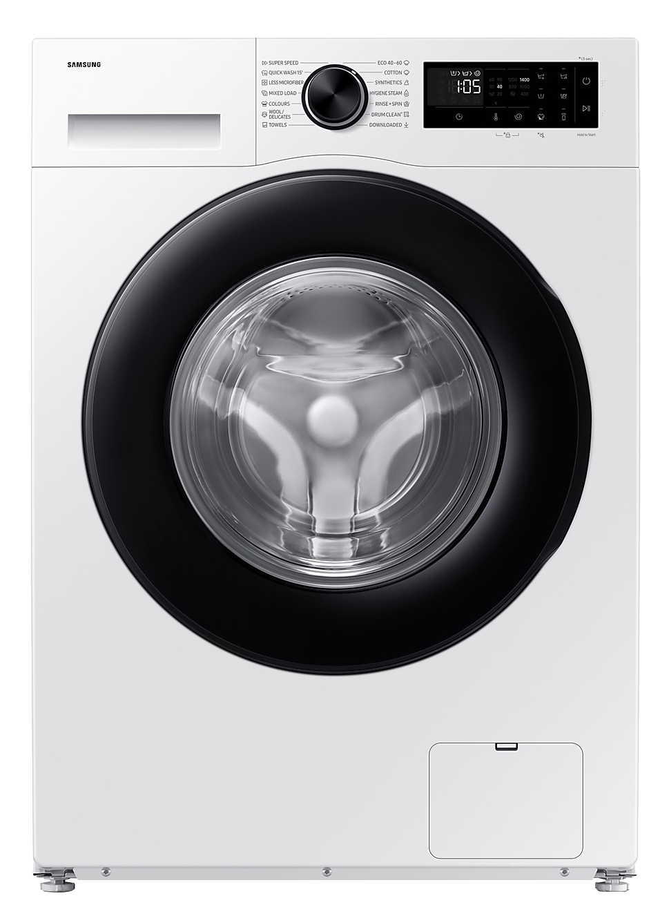 Fehér Samsung mosógép, fekete ajtó, kijelző, gombok és logó.