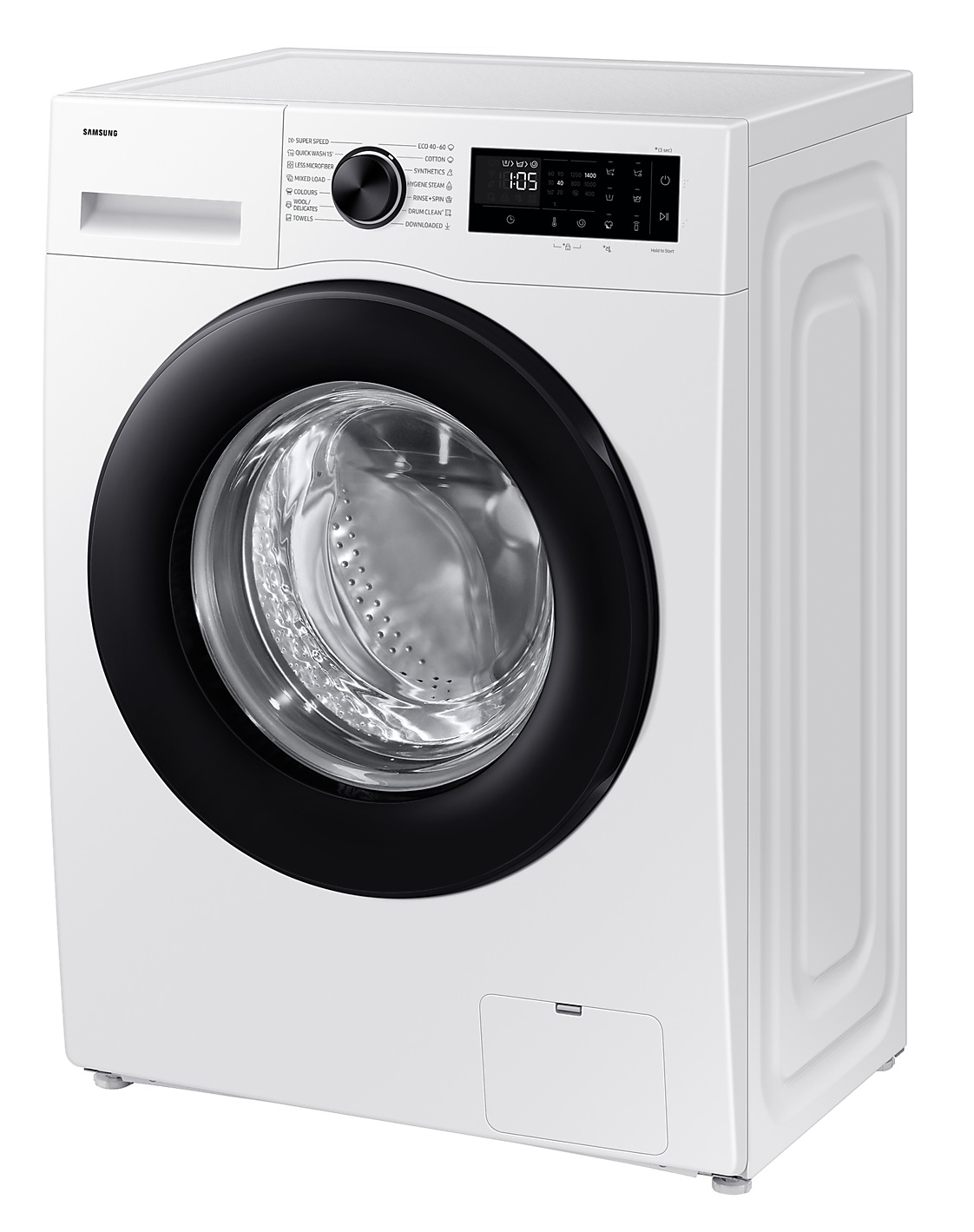 Fehér Samsung mosógép, fekete ajtó, szögből, vezérlőkkel és logóval.