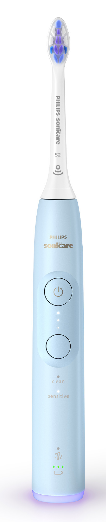 Jasnoniebieska elektryczna szczoteczka do zębów z fioletowym światłem u podstawy.
