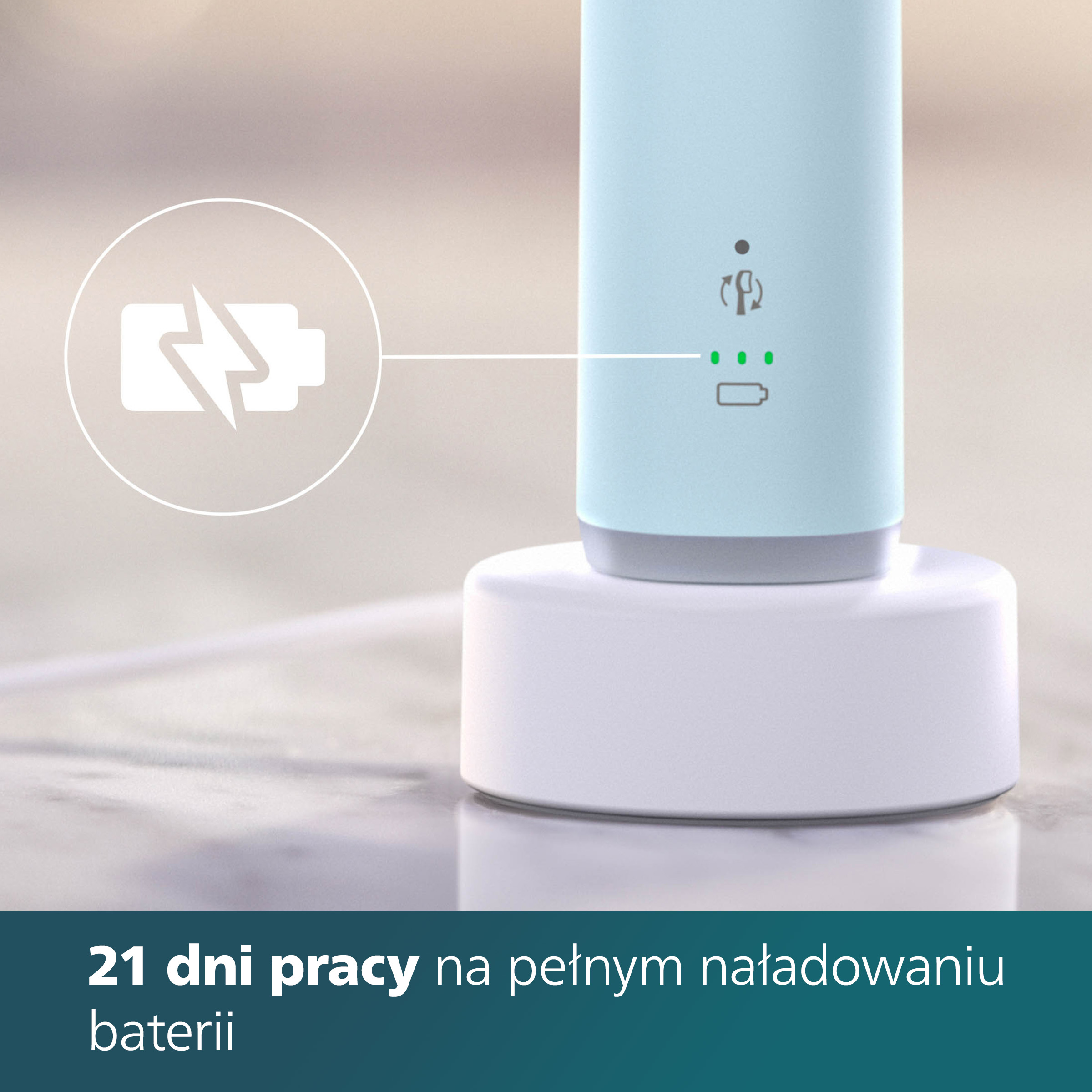 Elektryczna szczoteczka do zębów na stacji ładowania, ze wskaźnikiem baterii.