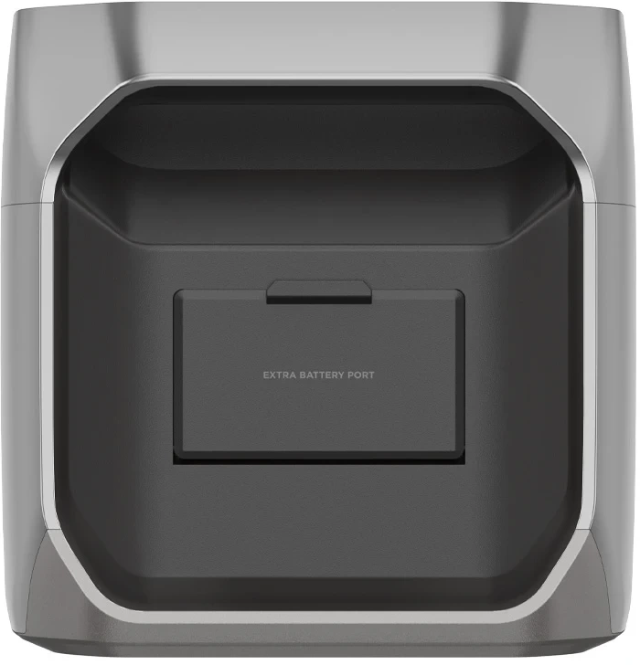 Közelkép a Smart Extra Battery portról egy szürke EcoFlow erőművön.