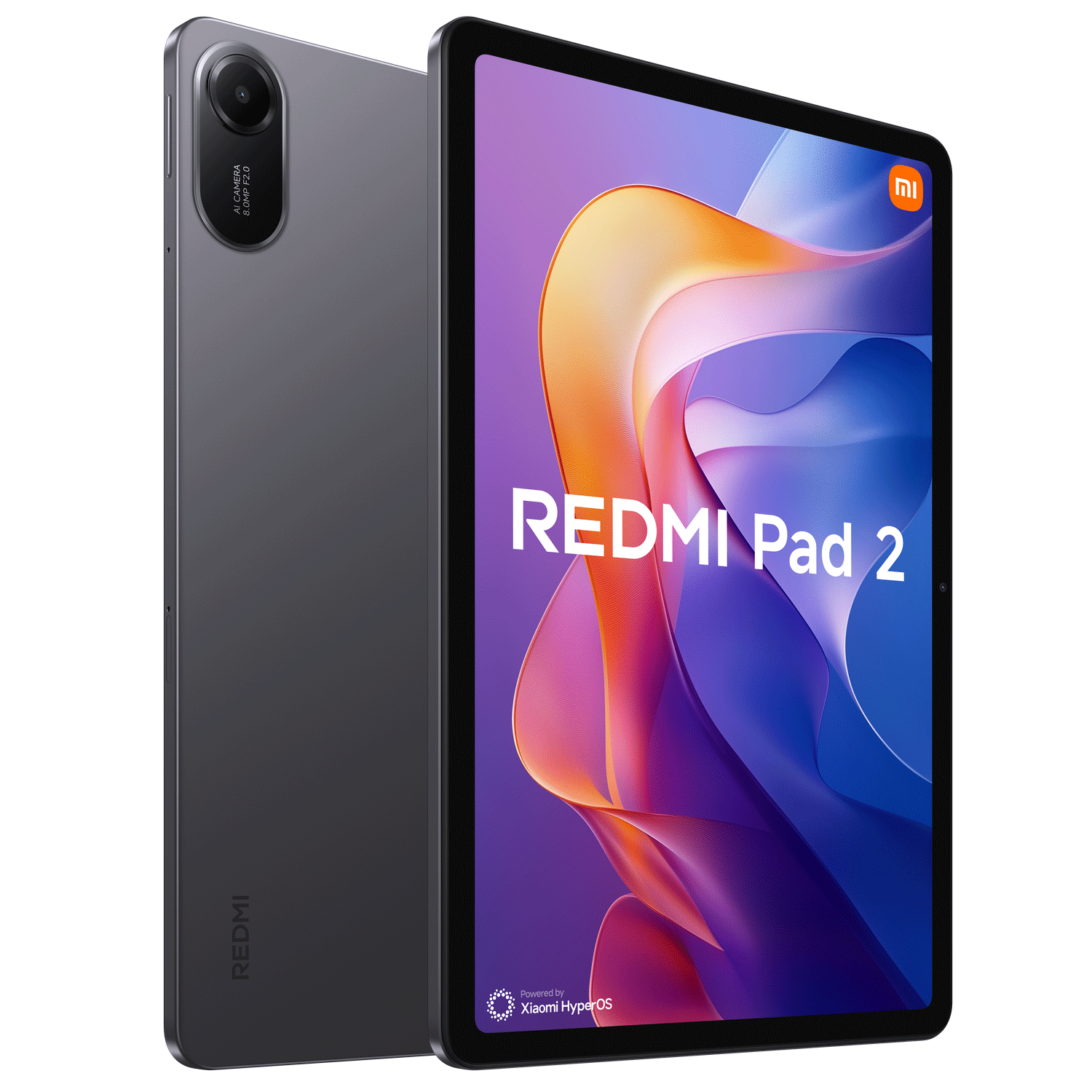 Una tableta Redmi Pad 2 gris con cámara trasera y pantalla con el nombre.