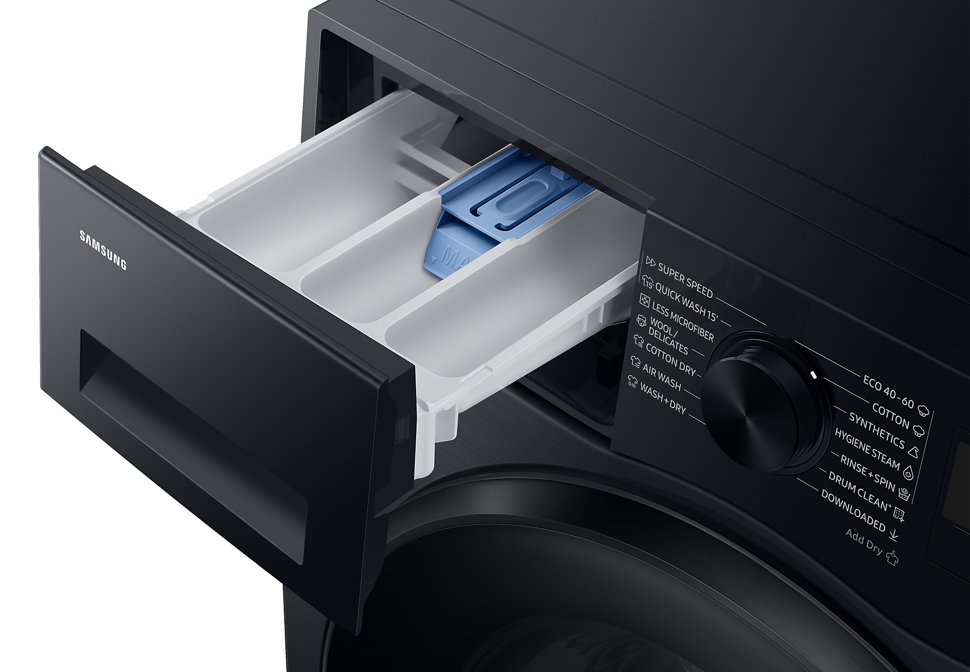 Fekete Samsung mosógép nyitott mosószer-fiókja, mosószer-rekeszekkel és kék betéttel.