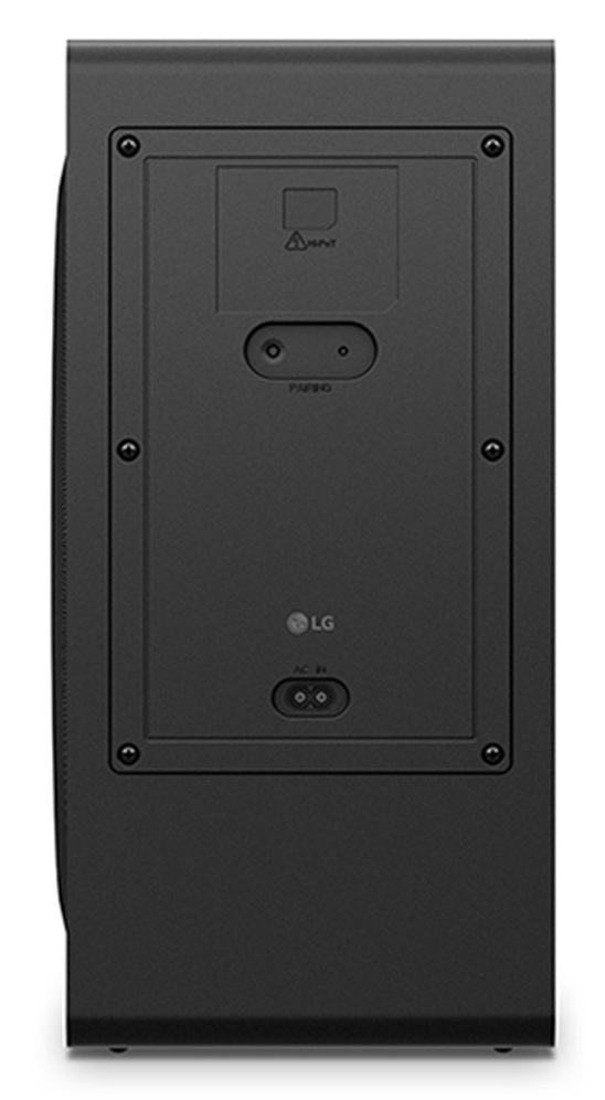 Tył czarnego subwoofera z portami połączeniowymi i logo LG.