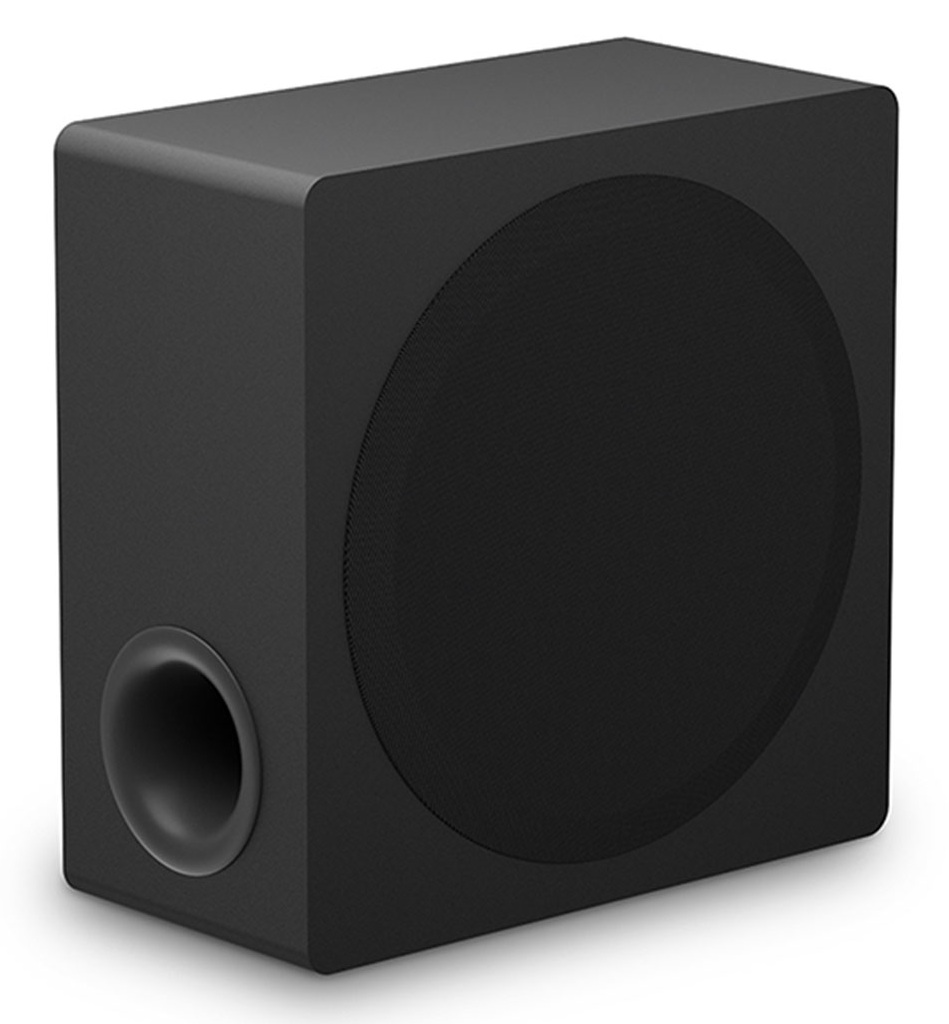 Czarny subwoofer z okrągłym głośnikiem i portem. Pudełko na białym tle.