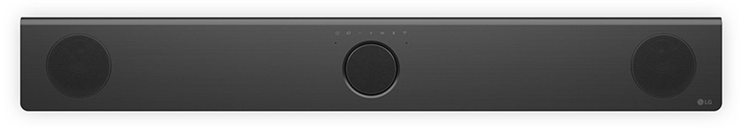 Czarny soundbar z głośnikami po obu stronach. Soundbar jest długi i ma przyciski sterowania.