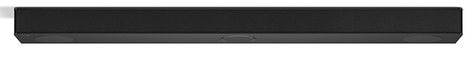 Czarny soundbar z głośnikami na każdym końcu. Soundbar na białym tle.