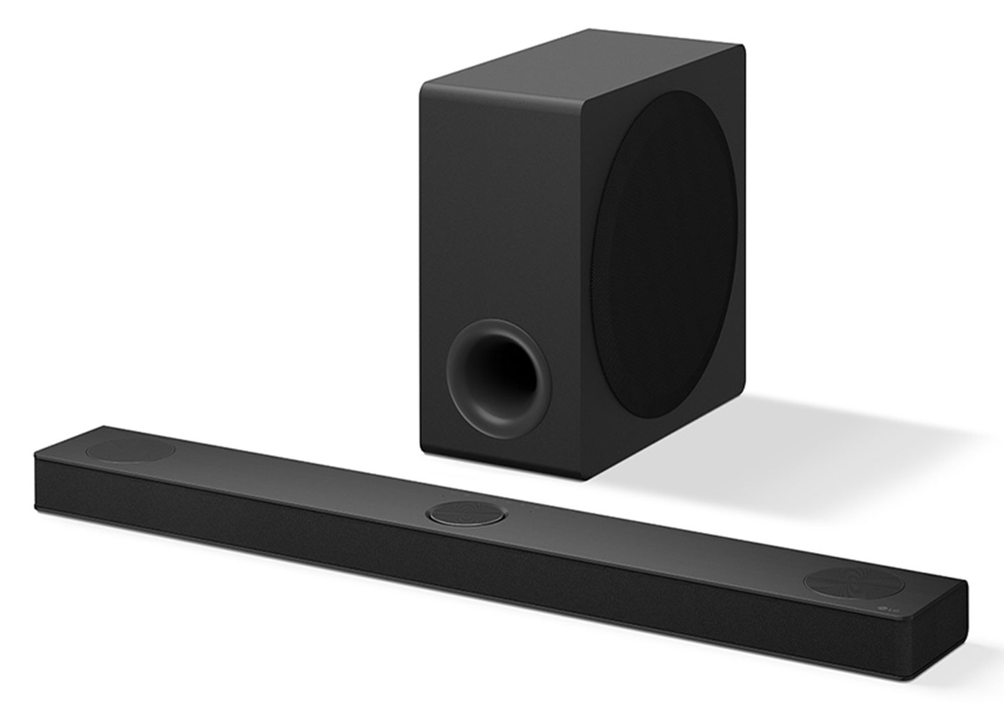 Czarny soundbar i zestaw subwoofer. Soundbar jest długi, a subwoofer to pudełko.