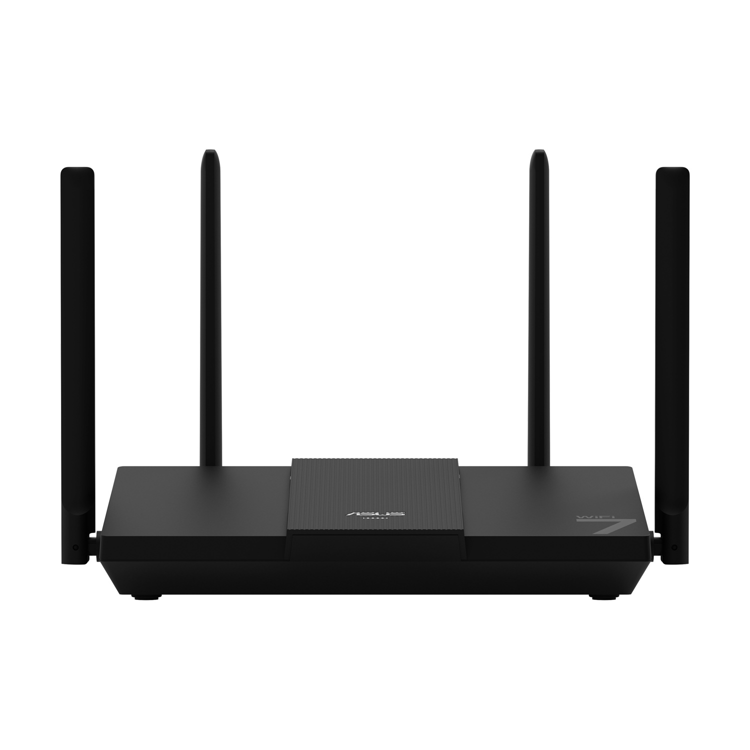 Router ASUS WiFi 7 nero con 4 antenne. Vista frontale.