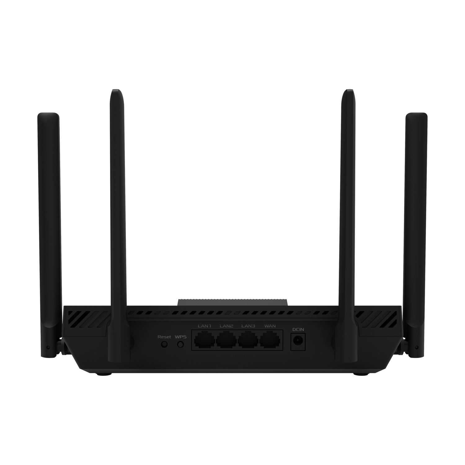 Vista posteriore del router ASUS WiFi 7 nero con porte e antenne.