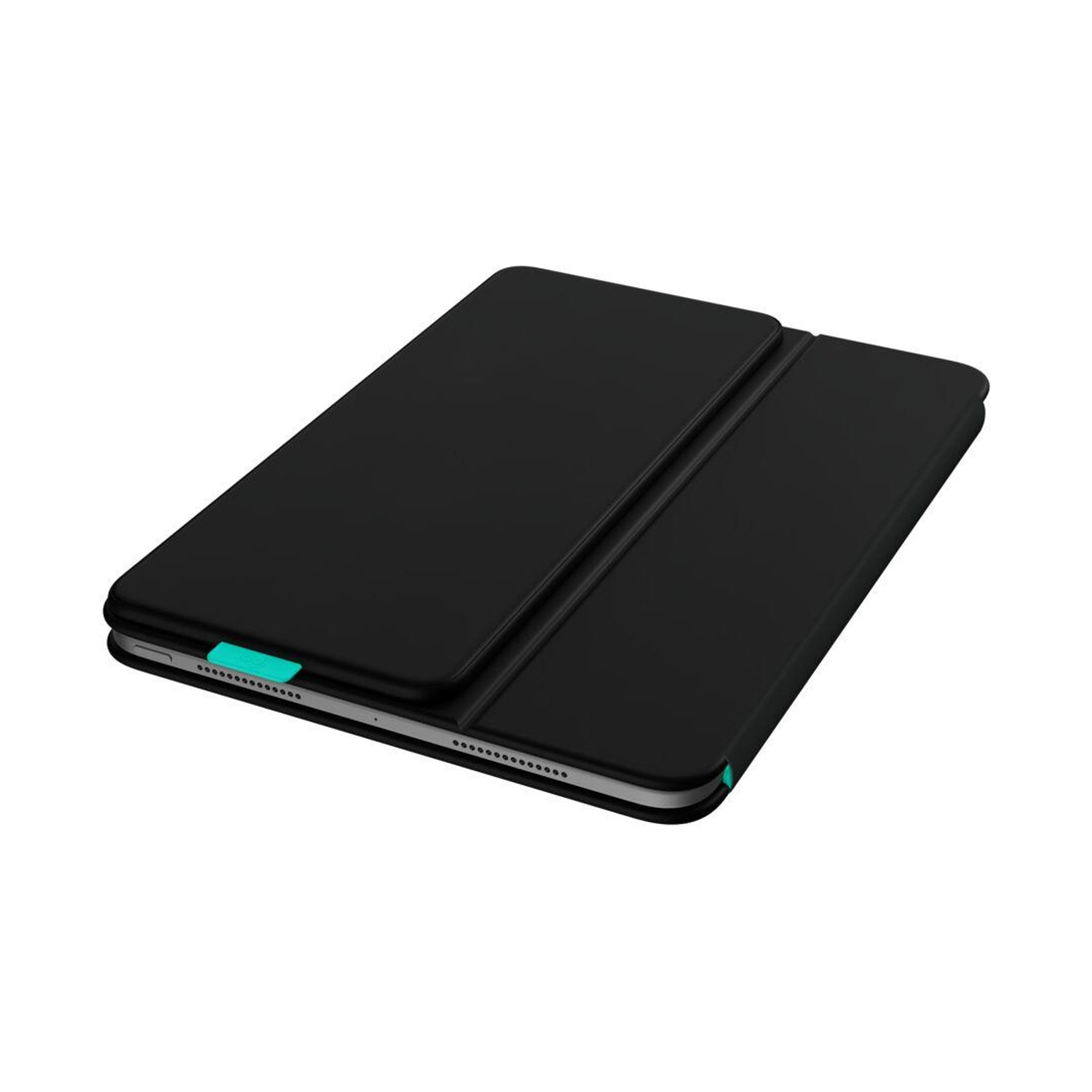 Custodia nera per tablet, parzialmente aperta. Dettagli turchese. Sfondo bianco.