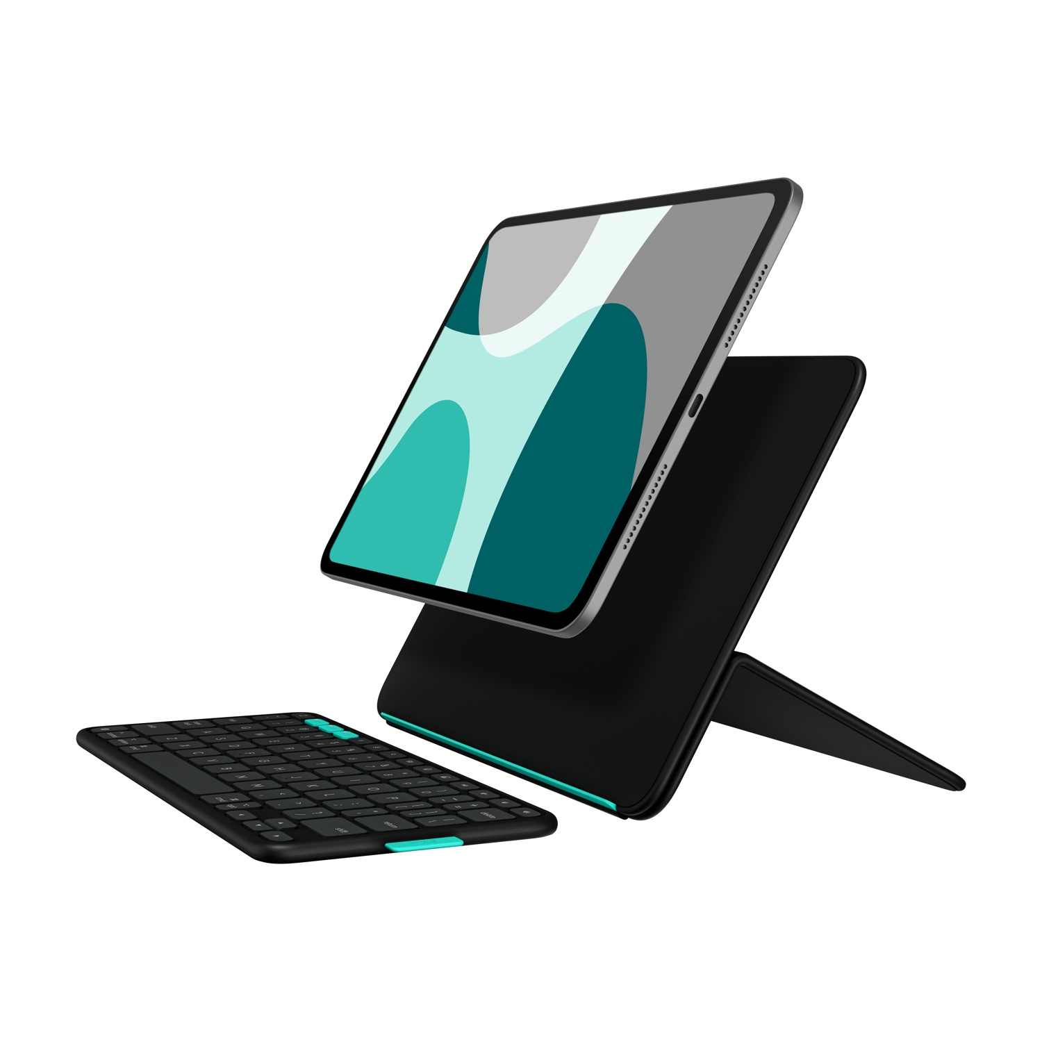 Tablet nella custodia, tastiera sotto. Nero con dettagli turchese, sfondo bianco.