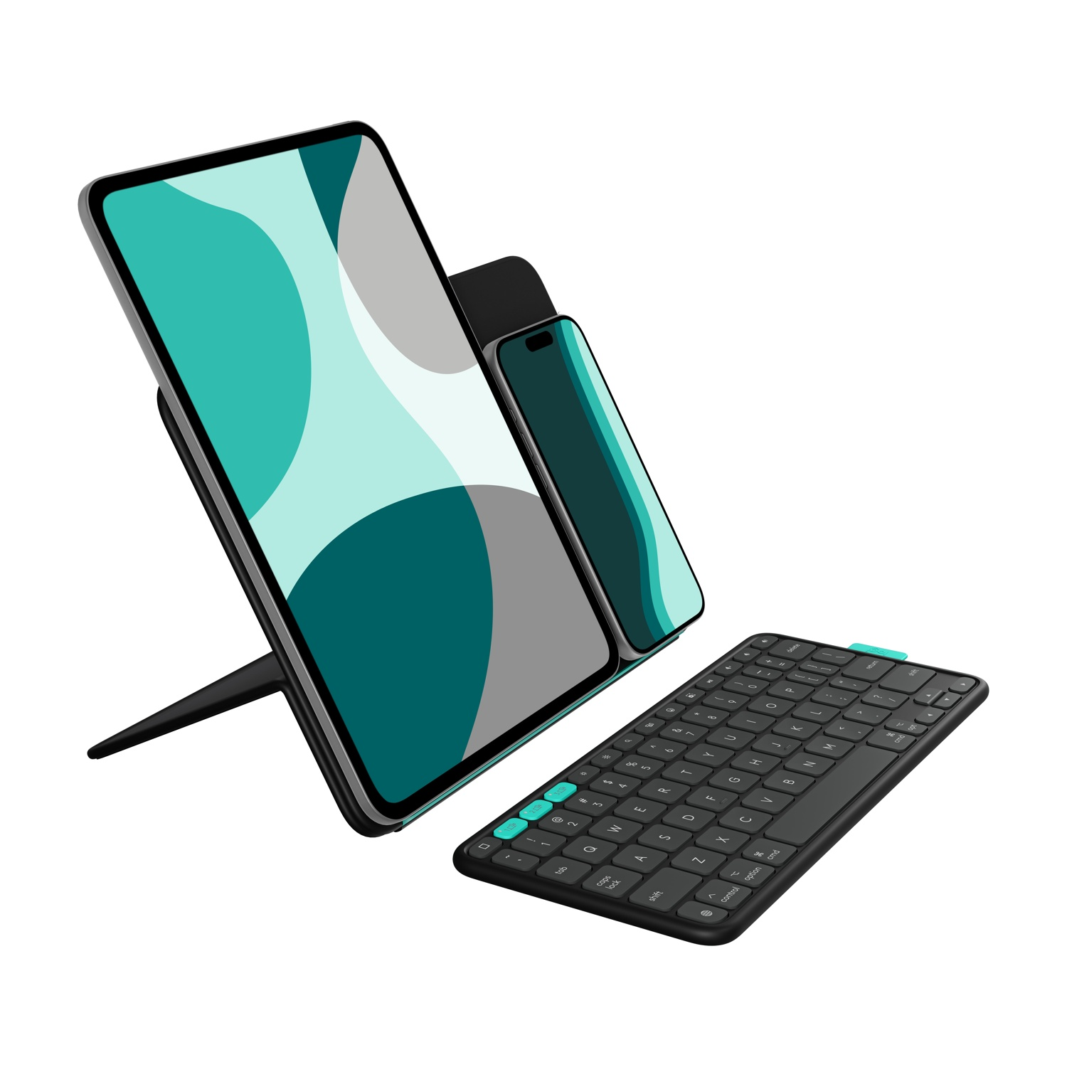 Tablet con telefono e tastiera. Tutto nero con dettagli turchese. Sfondo bianco.