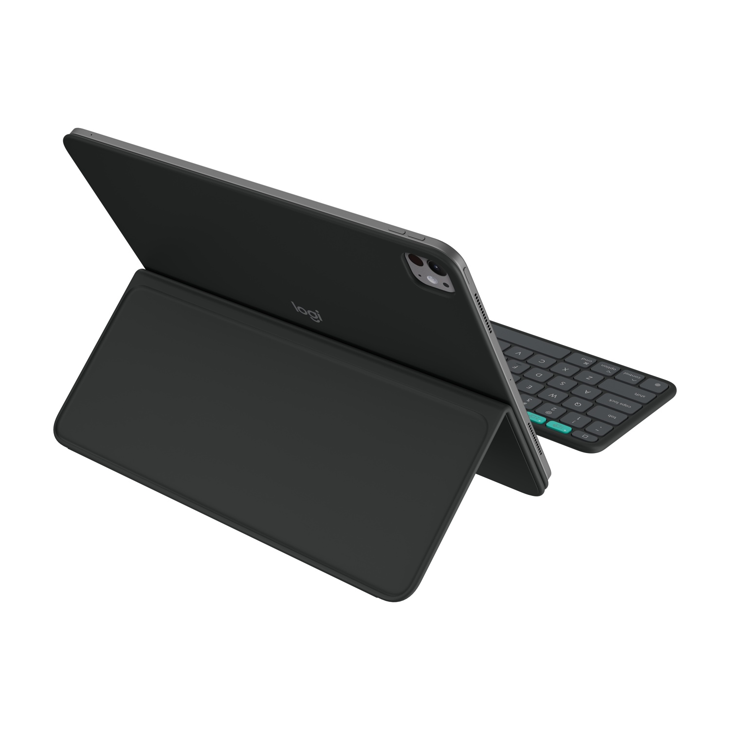 Tablet nero con tastiera collegata. Tablet sollevato, sfondo bianco.