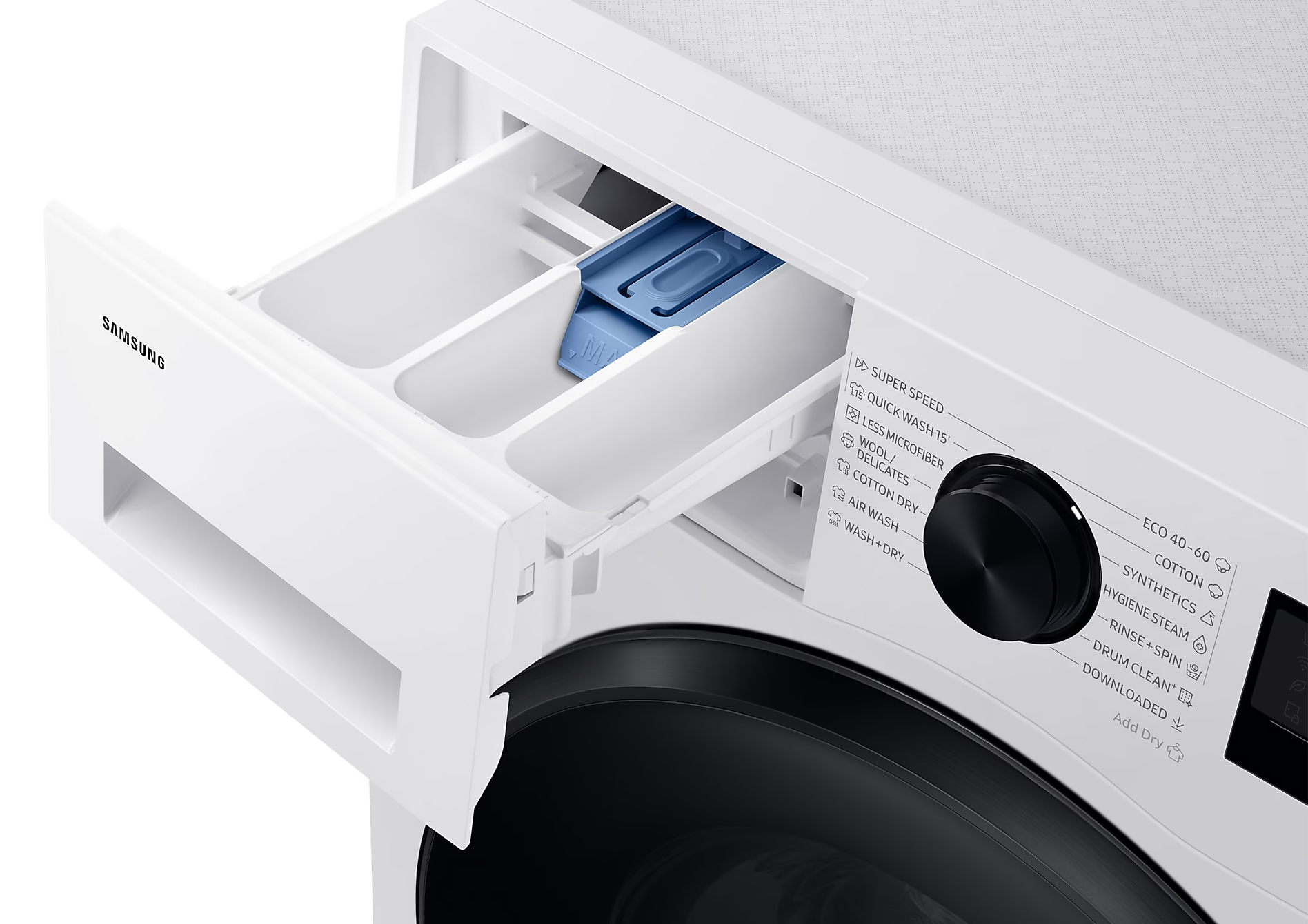 Fehér Samsung mosógép nyitott mosószer-fiókja. Kék betétet és mosószer-rekeszeket mutat.