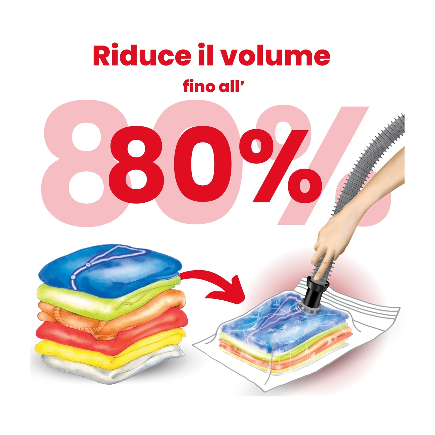 Sacchetto sottovuoto con vestiti sotto vuoto. Sfondo bianco.