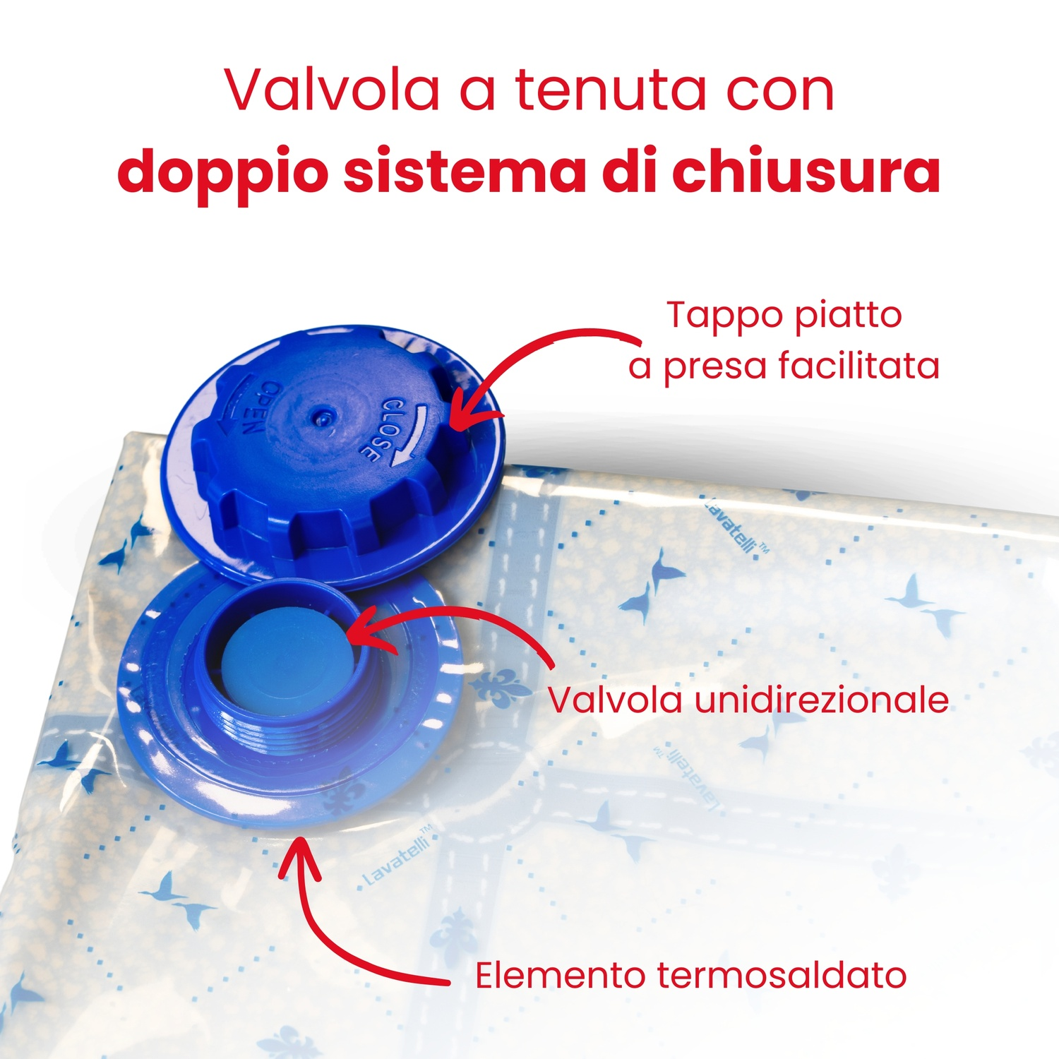 Dettaglio valvola blu. Sopra il tappo e sotto la valvola unidirezionale, su un sacco trasparente.