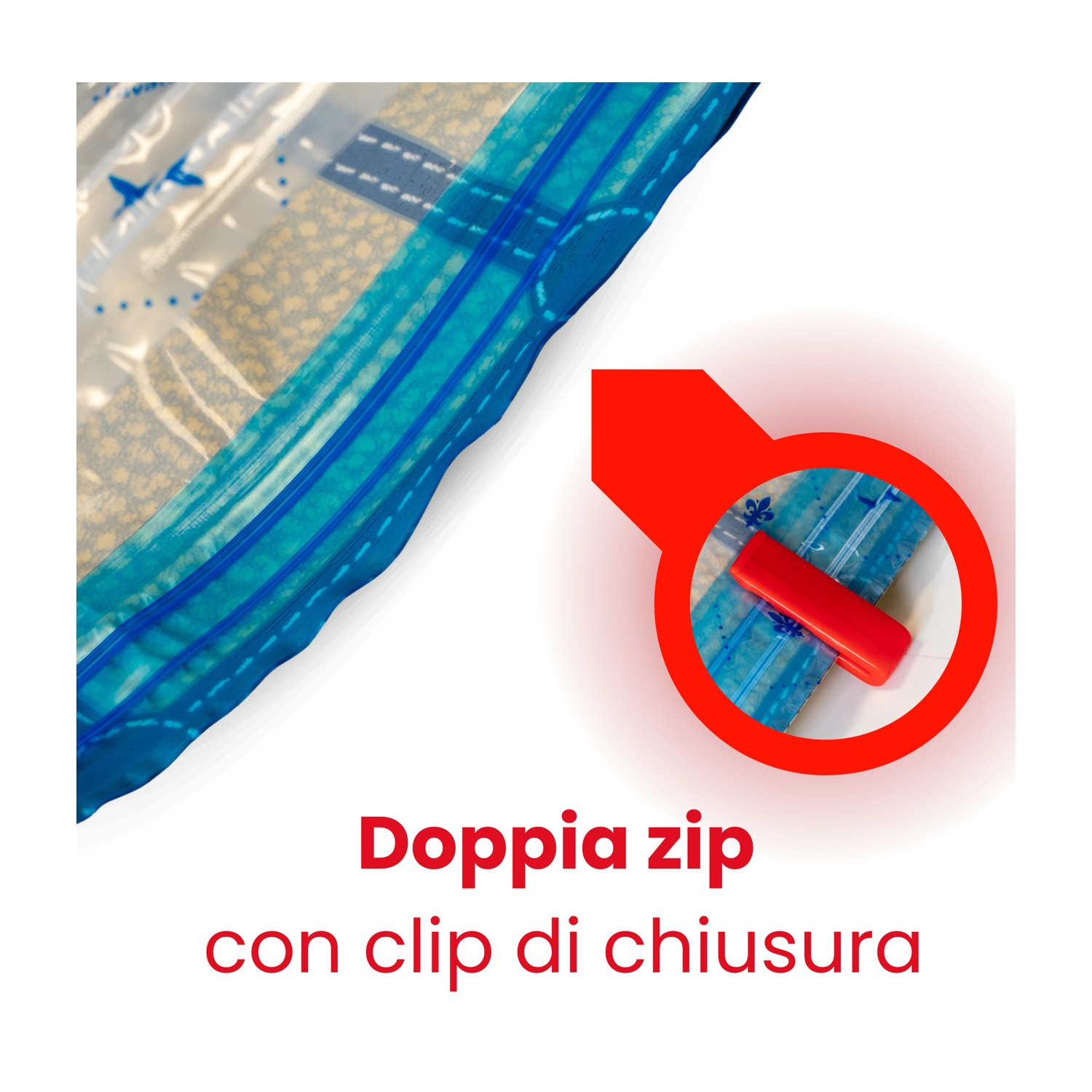 Busta di plastica trasparente, cerniera blu. Chiusura a clip rossa visibile. Testo italiano.
