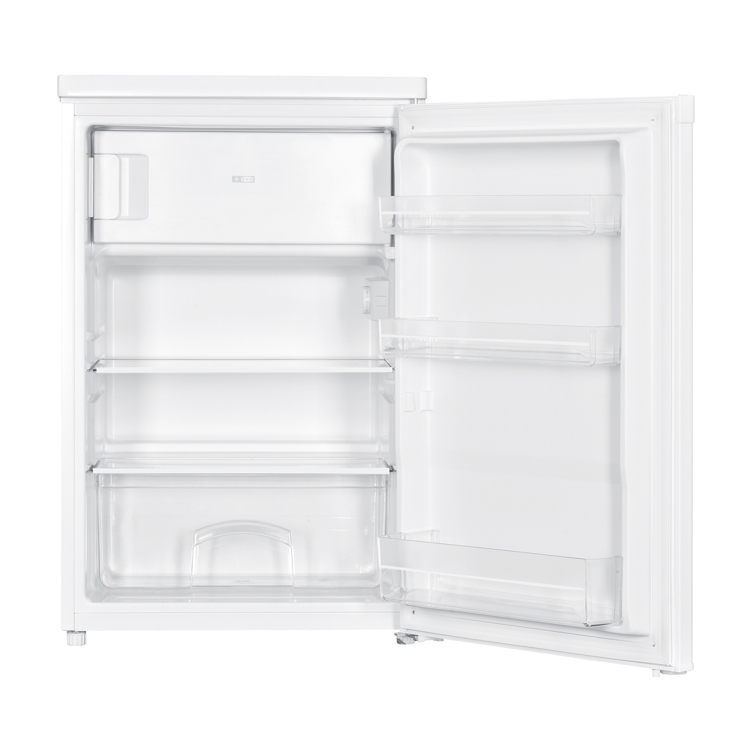 Frigorifero bianco con porta aperta, ripiani trasparenti, cassetti e componenti interni visibili.