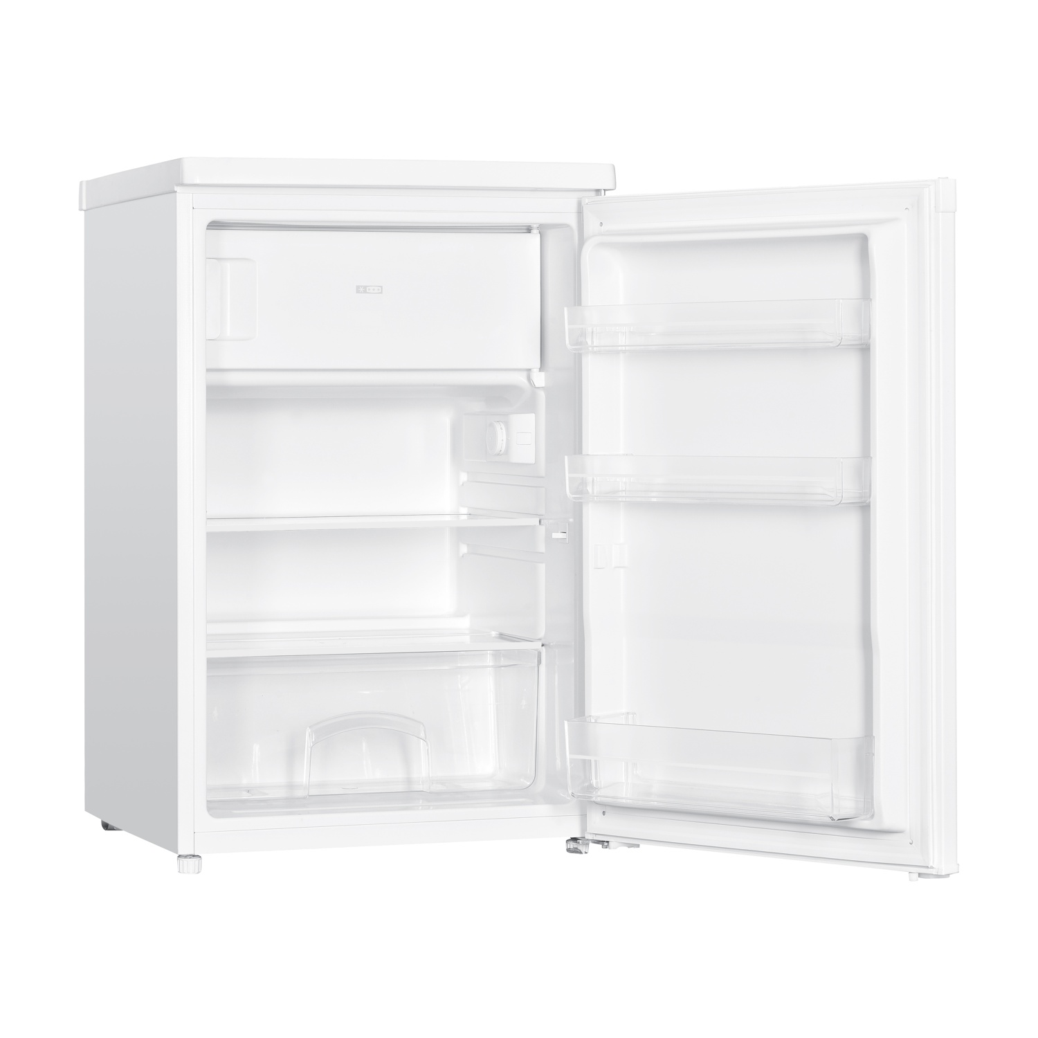 Frigorifero bianco, porta aperta, ripiani e cassetti interni visibili. Scomparto congelatore in alto.