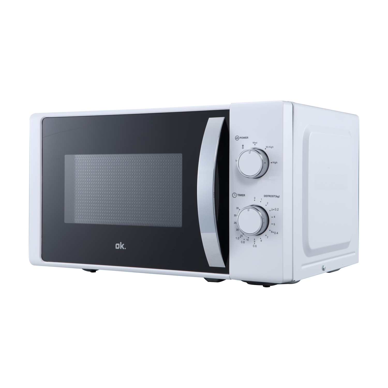 Forno a microonde bianco. ok. logo visibile. Comandi a destra. Porta nera.
