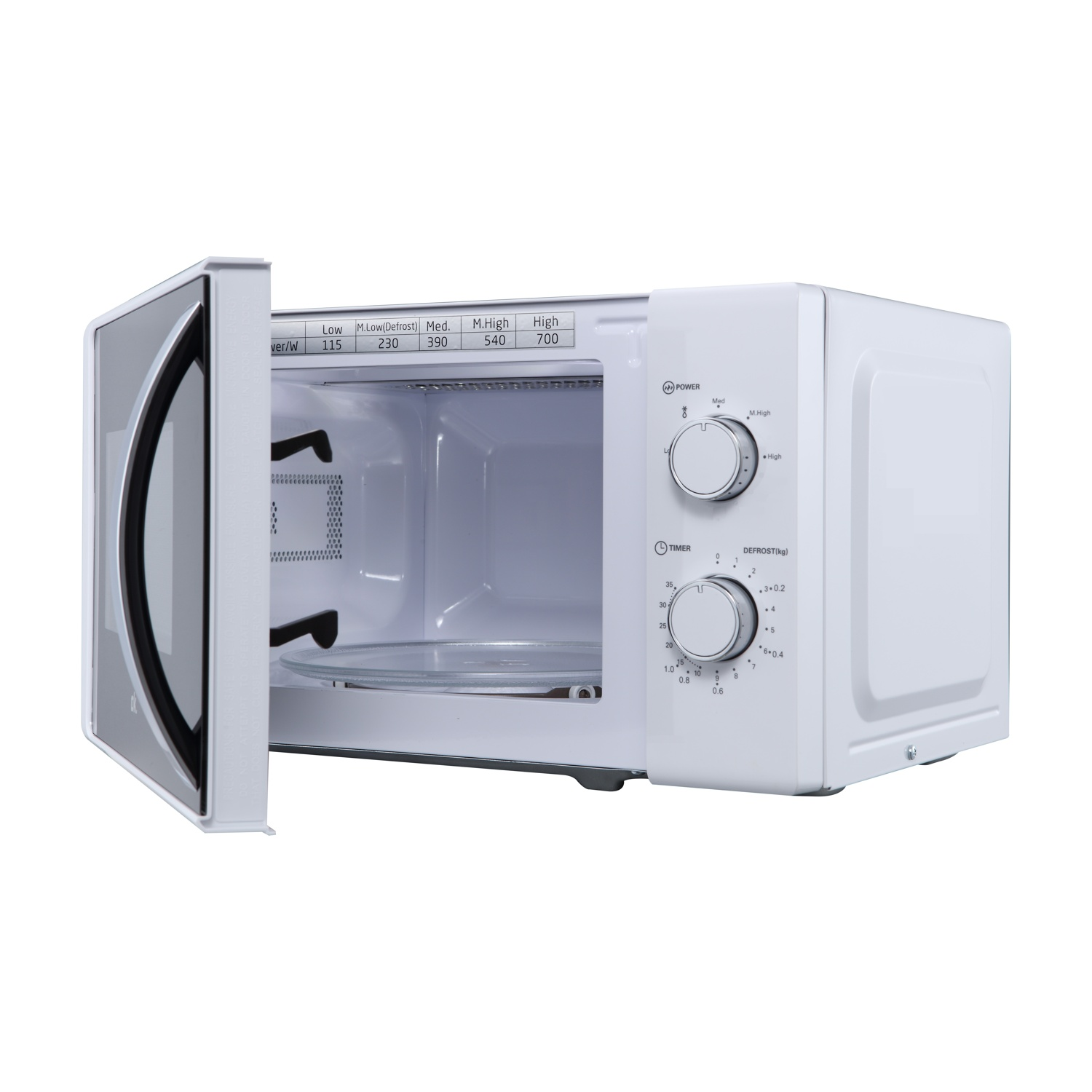 Microonde bianco con porta aperta. Piatto in vetro e interno visibili. Comandi a destra.