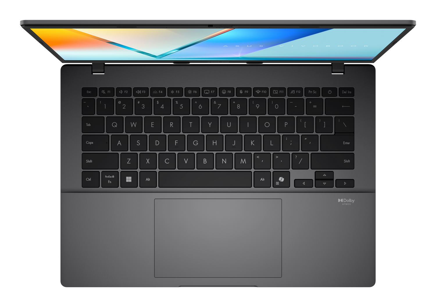 Vista superior de un portátil ASUS Vivobook gris. Mostrando el teclado y el panel táctil.