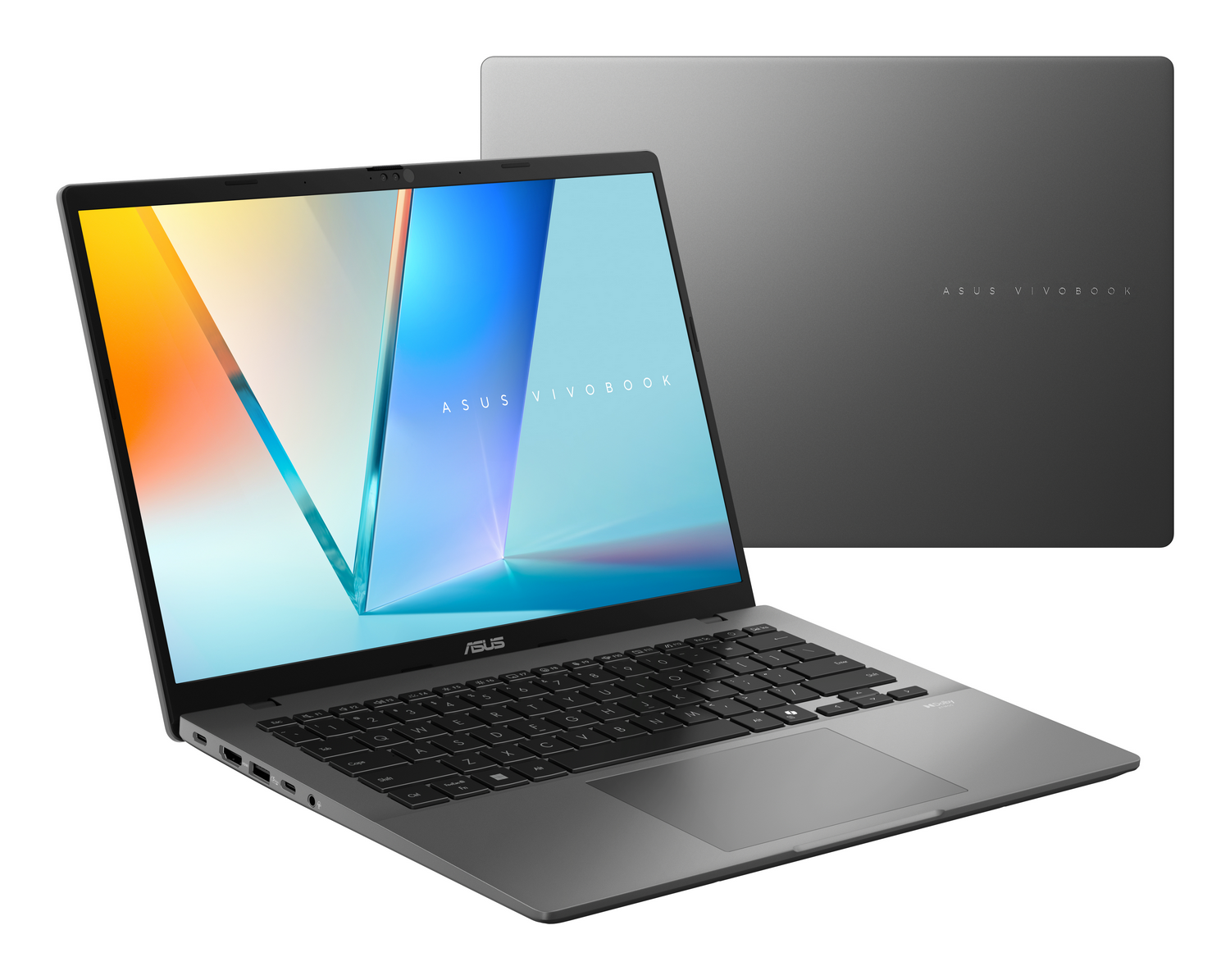 Portátil ASUS Vivobook gris con pantalla abierta, otro cerrado detrás. Ambos muestran el logo.
