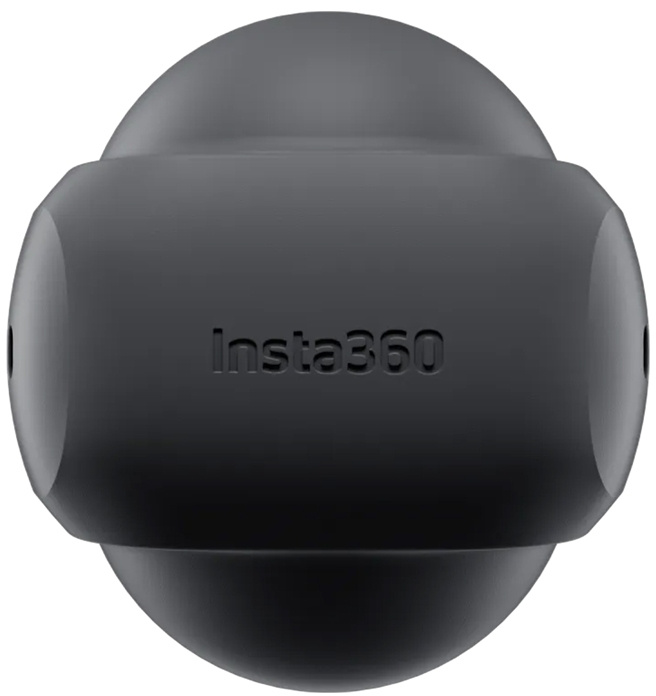 Sötétszürke kamera alkatrész. Az "Insta360" szó van nyomtatva az elején. Kerek formájú.