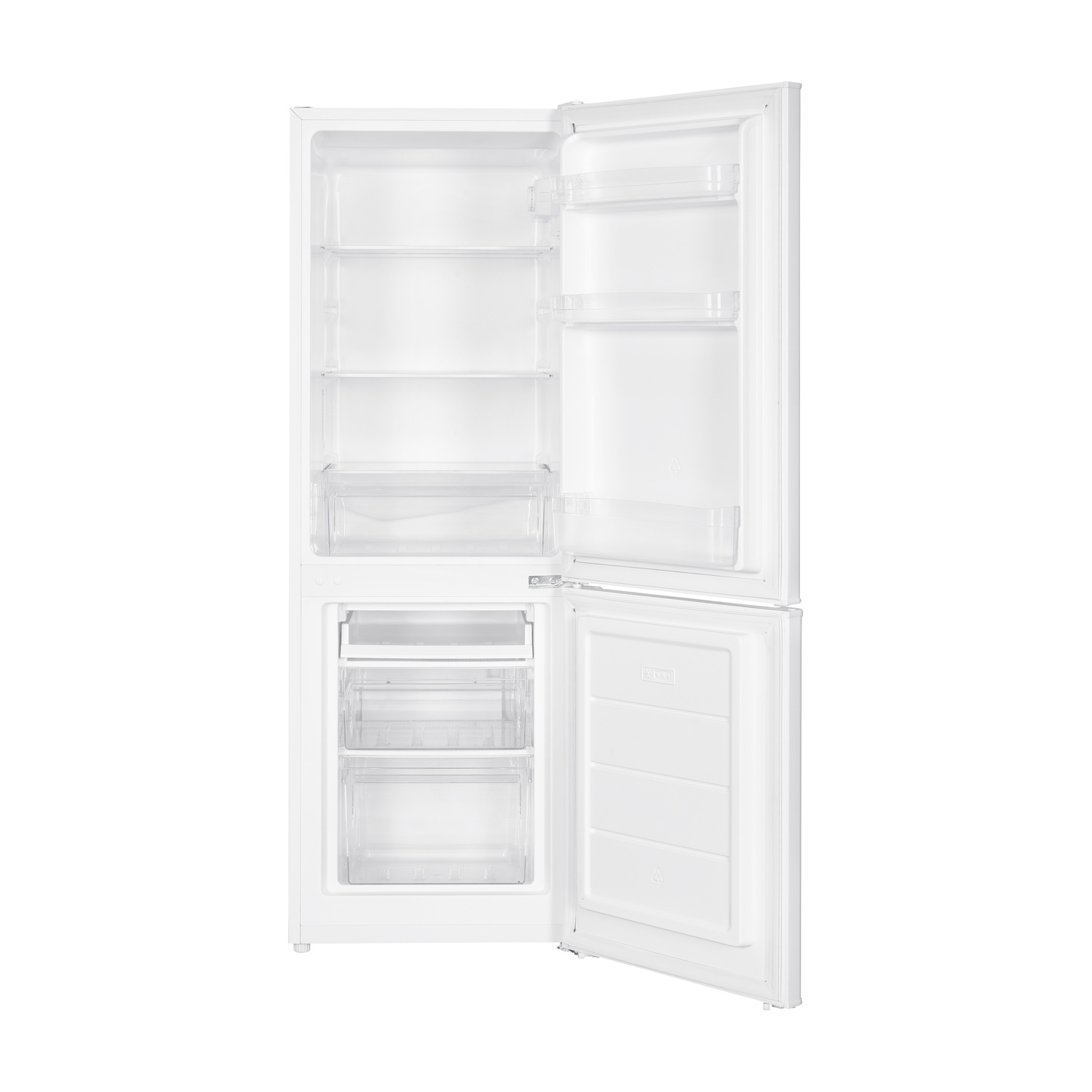 Frigorifero bianco aperto. Interno con ripiani, cassetti. Congelatore aperto.