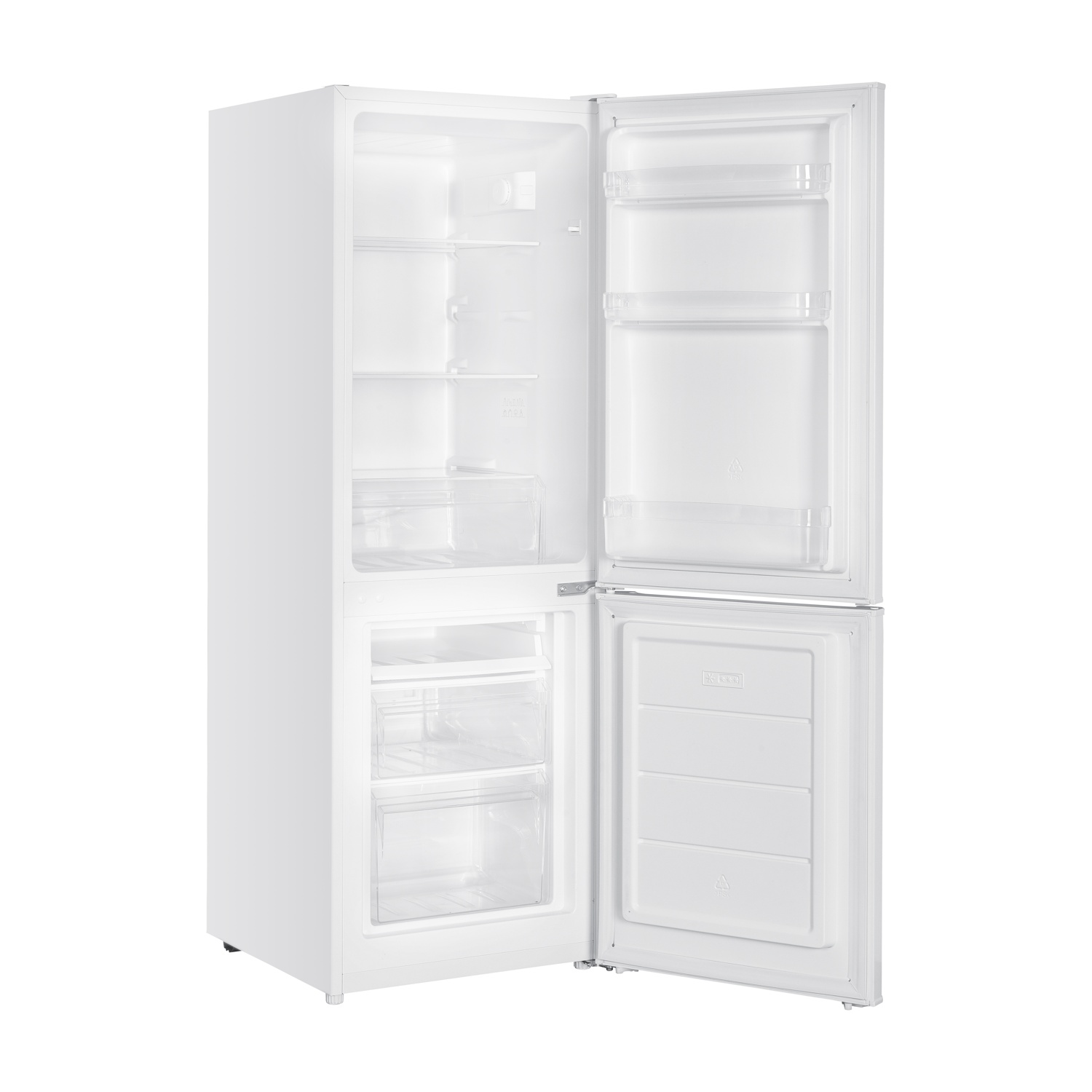 Un frigorifero bianco con due porte aperte, che mostra ripiani, cassetti e generi alimentari.