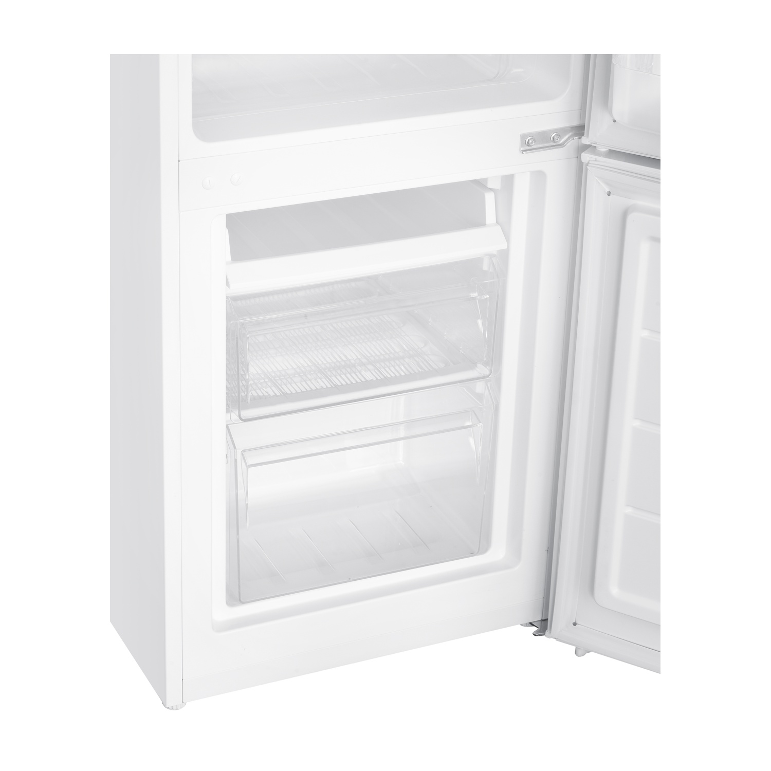 Primo piano dei cassetti trasparenti del congelatore all'interno di un frigorifero bianco.