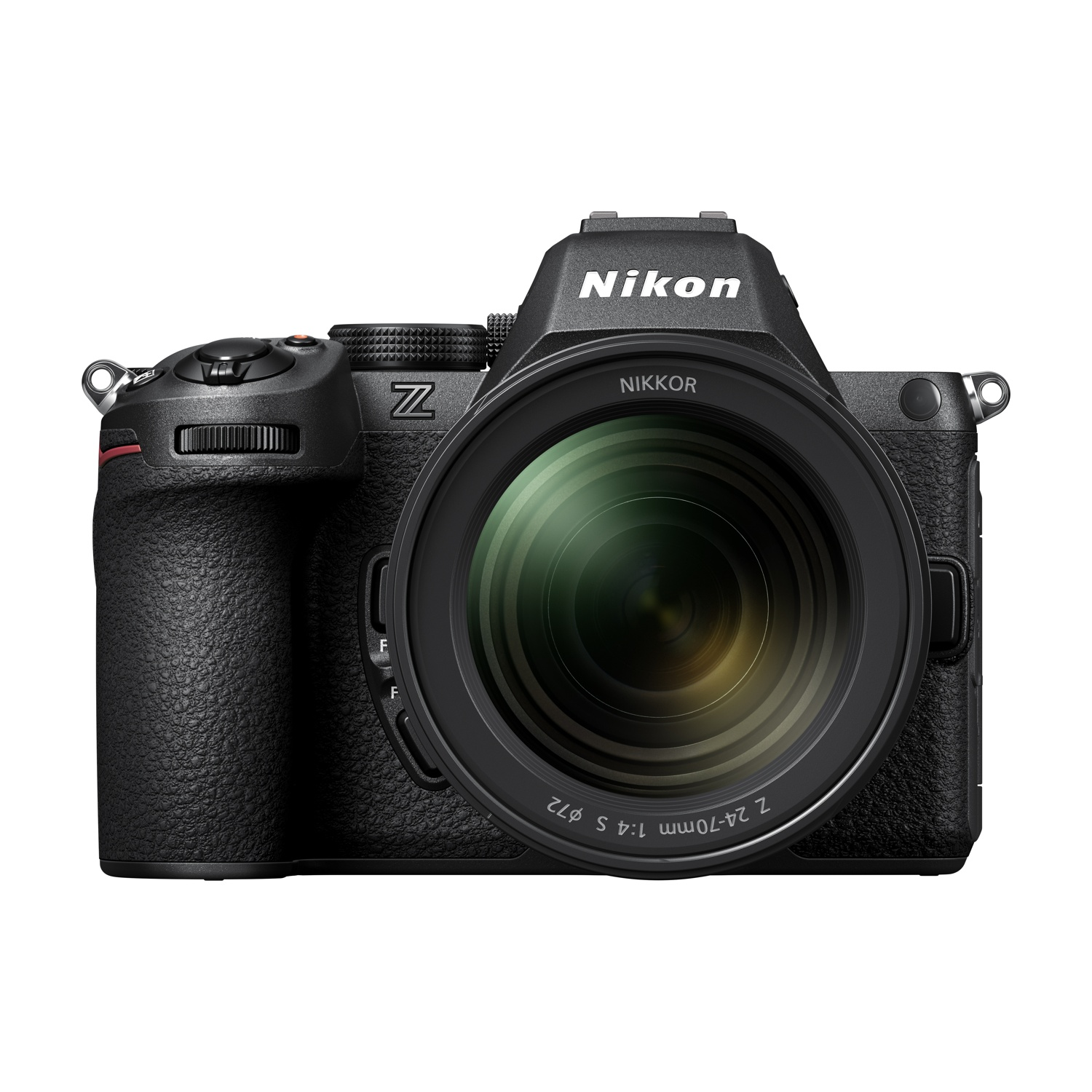 Fotocamera Nikon serie Z nera con obiettivo, su sfondo bianco. L'obiettivo è centrato.