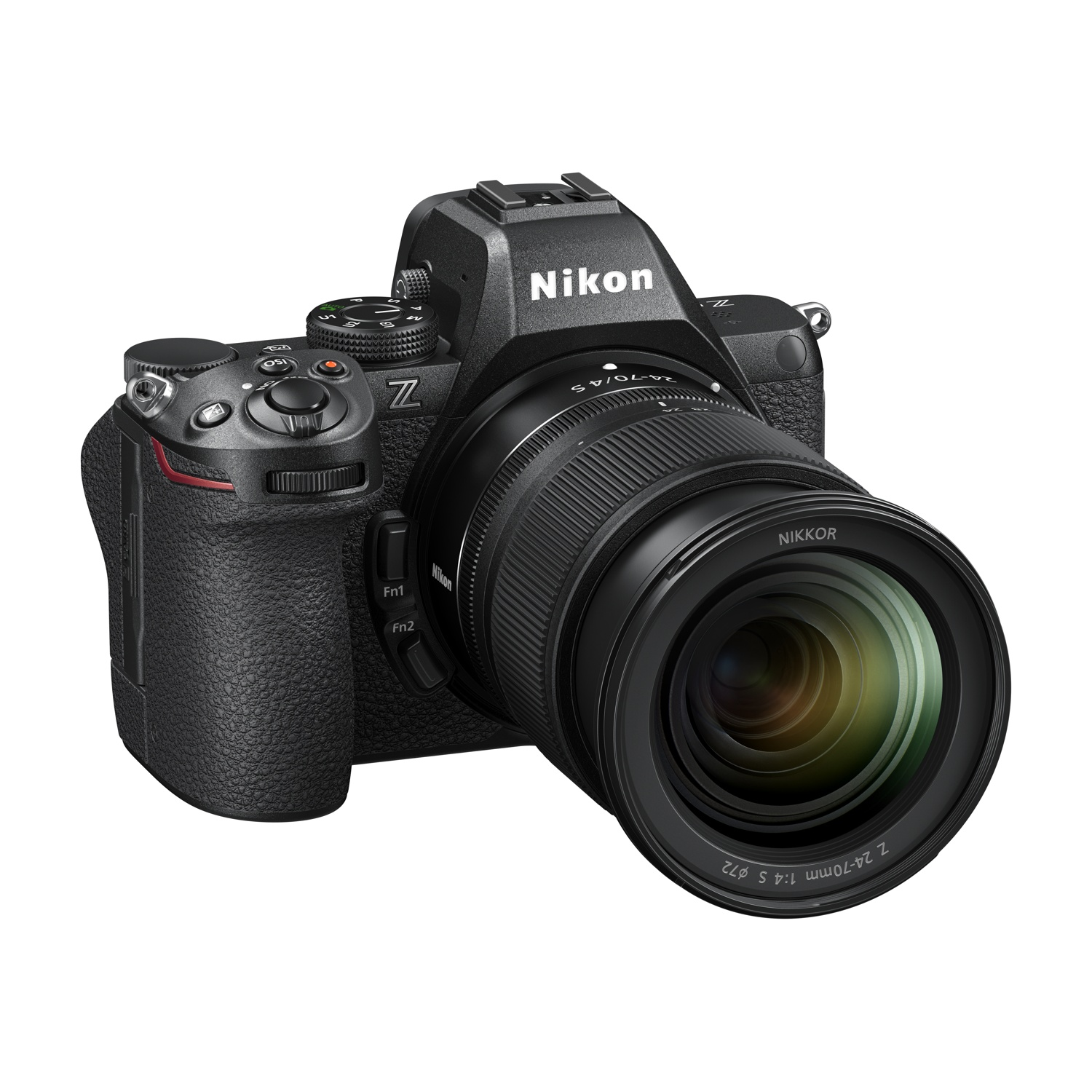 Fotocamera Nikon serie Z nera con obiettivo, angolata. L'obiettivo è a fuoco e centrato.
