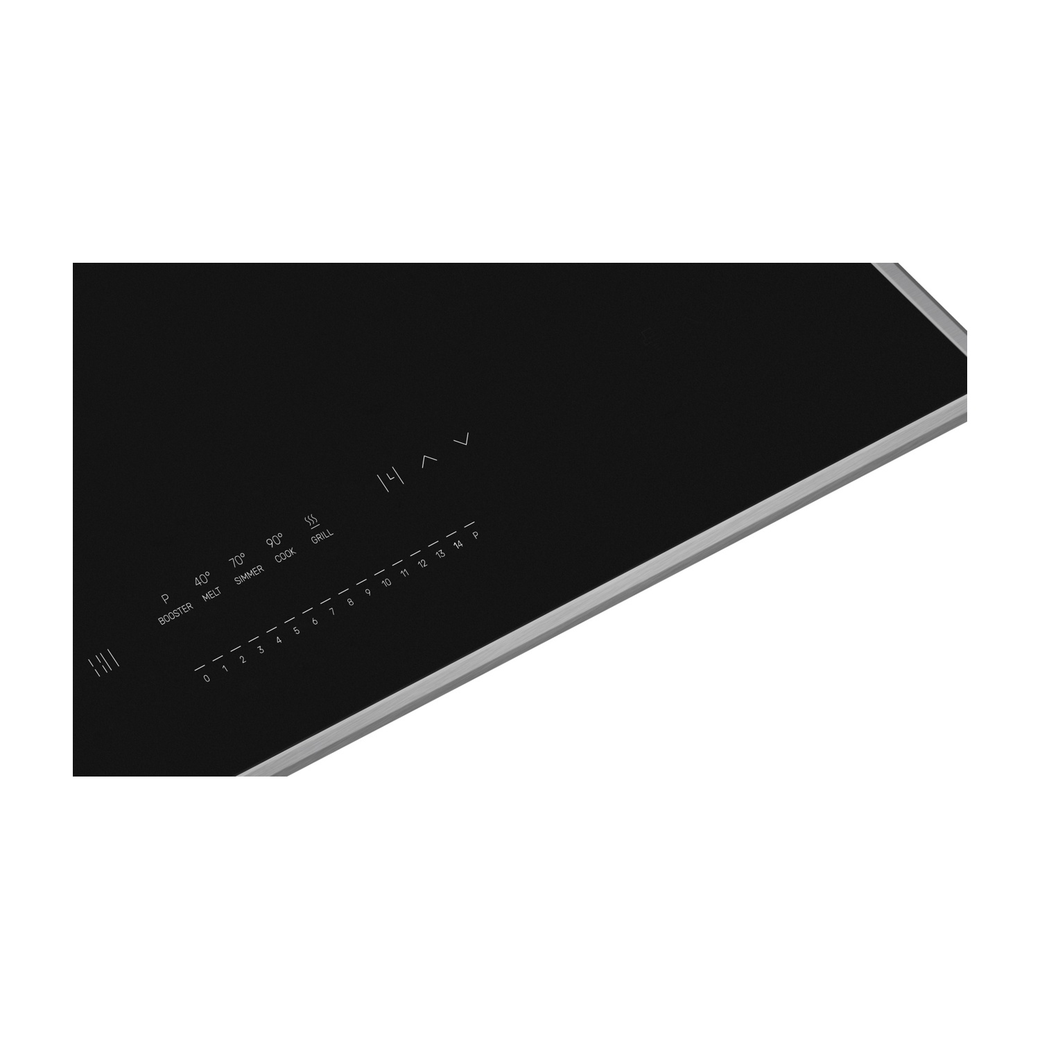Primo piano dei comandi touch di un piano cottura nero. Numeri e frecce sono visibili.