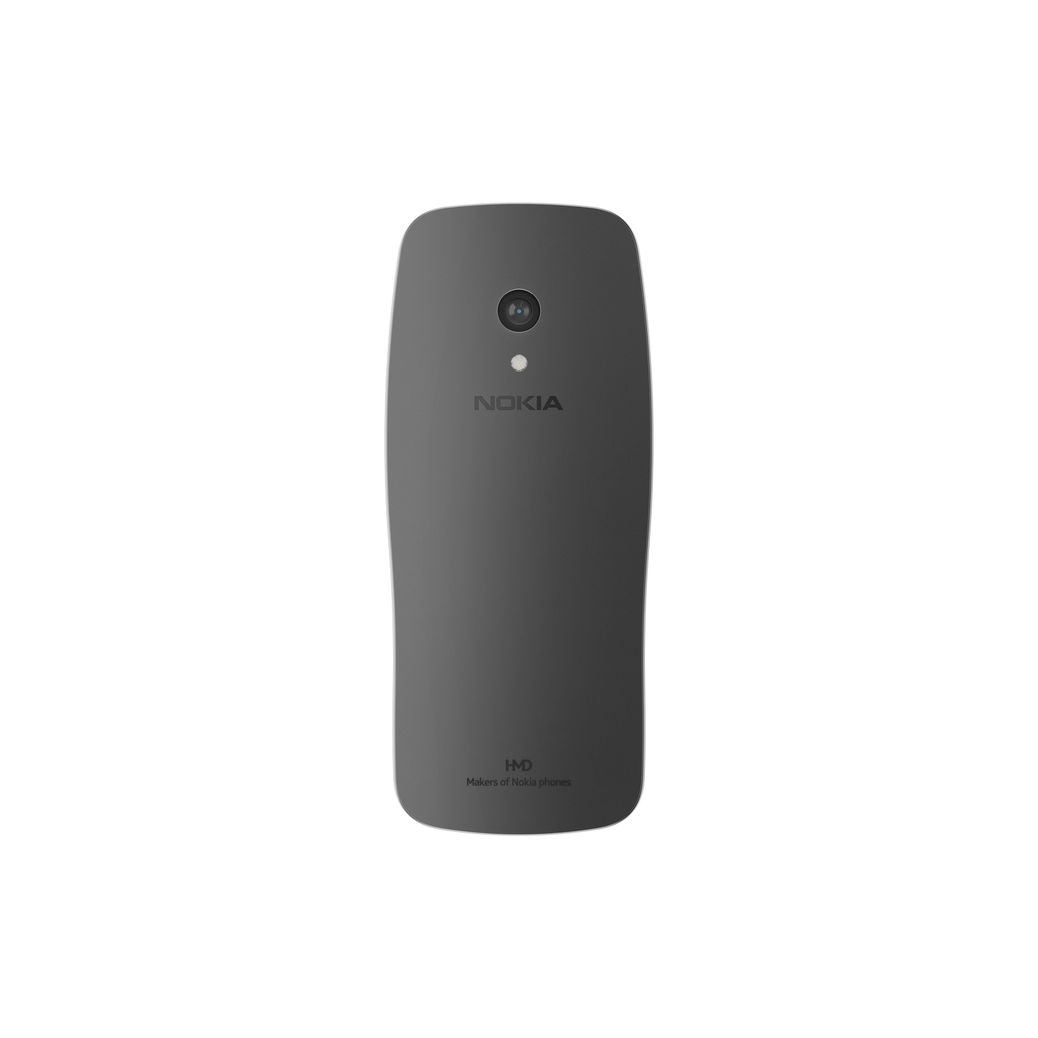 Parte trasera de teléfono gris con cámara, logo y texto sobre fondo negro.