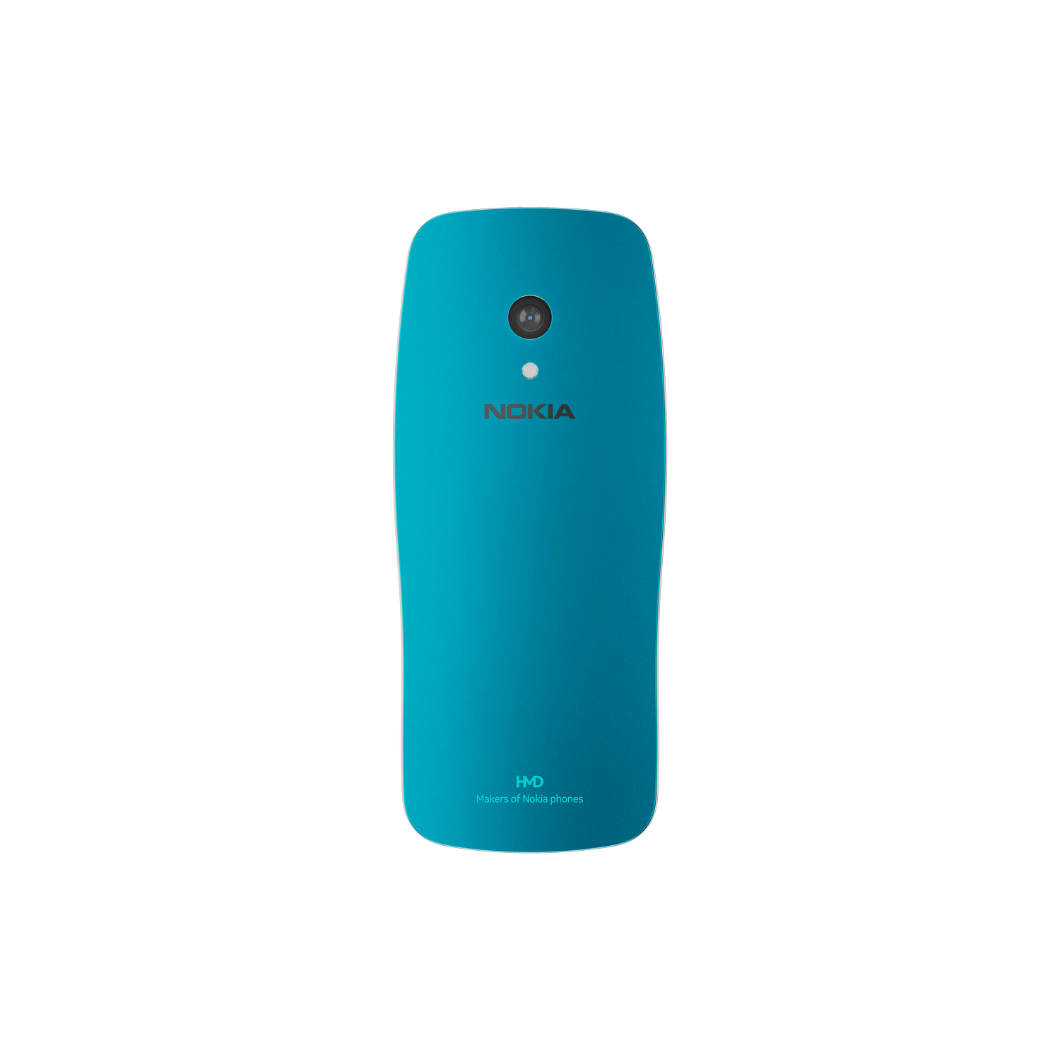 Parte trasera del teléfono azul con cámara, logo y texto sobre fondo negro.